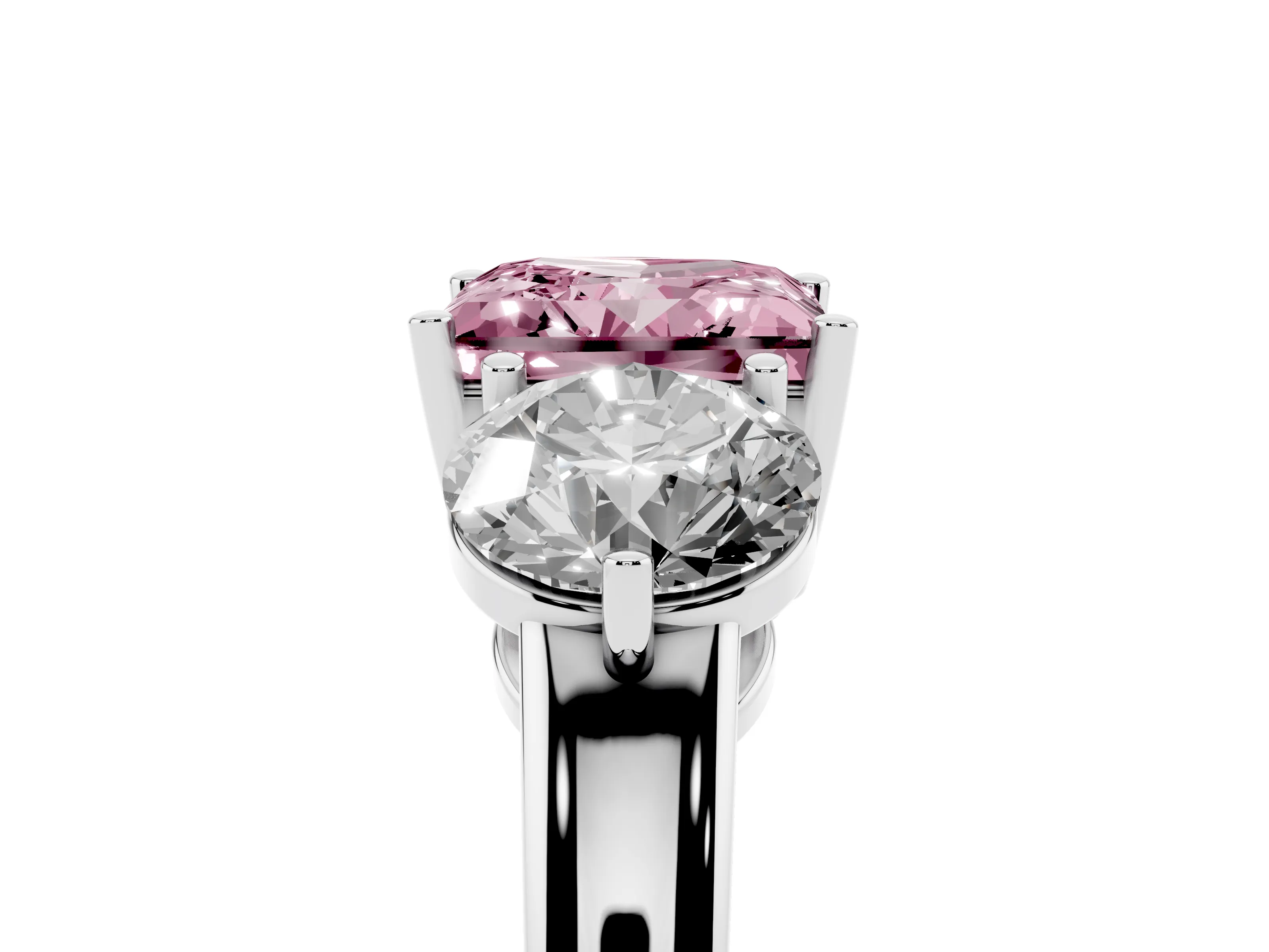 Fancy Pink Princess Cut Diamond Three-Stone Ring Set in Platinum with Prong Setting and Plain Band