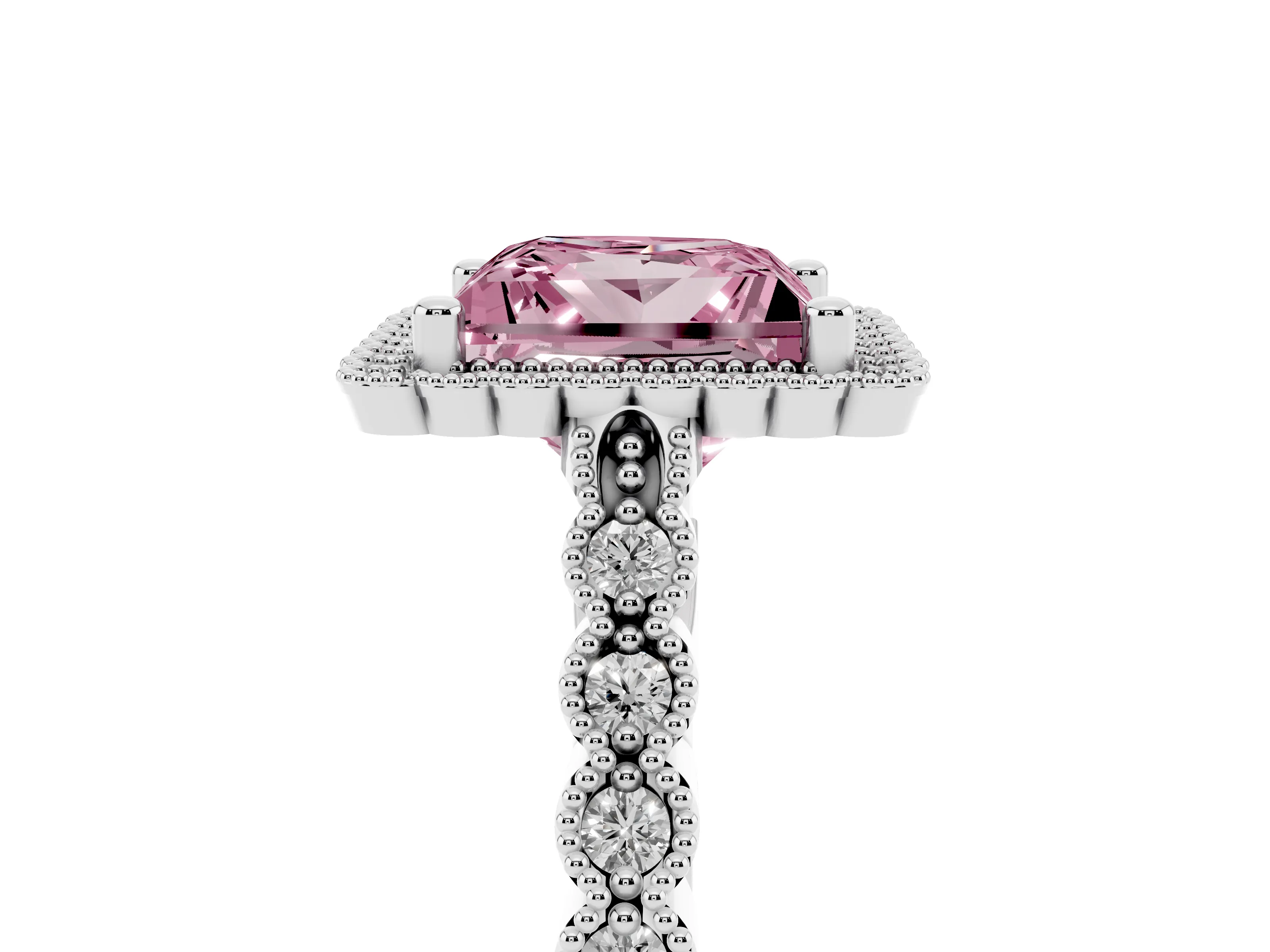 Fancy Pink Princess Cut Diamond Halo Ring Set in White gold with Pavé Milgrain Band