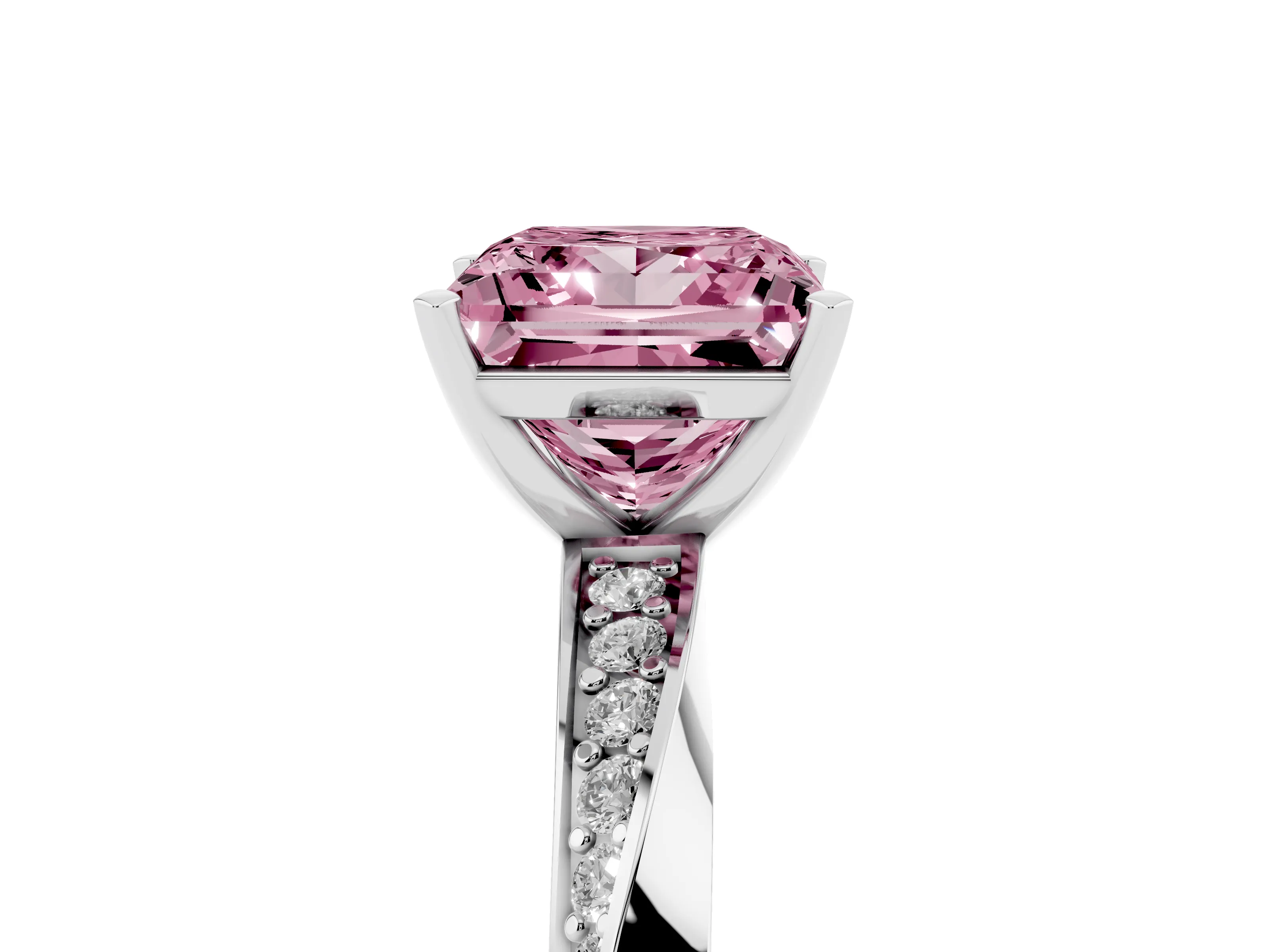 Fancy Pink Princess Cut Diamond Engagement Ring Set in Platinum with Side Stone Accents and Prong Setting