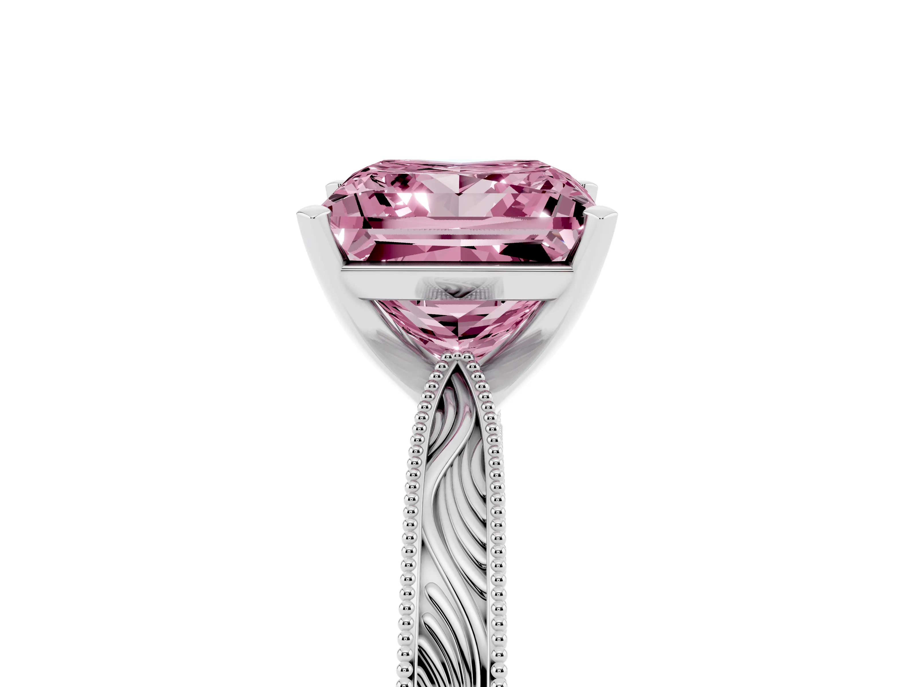 Fancy Pink Princess Cut Diamond Solitaire Milgrain Engraved Band Set in Platinum with Prong Setting