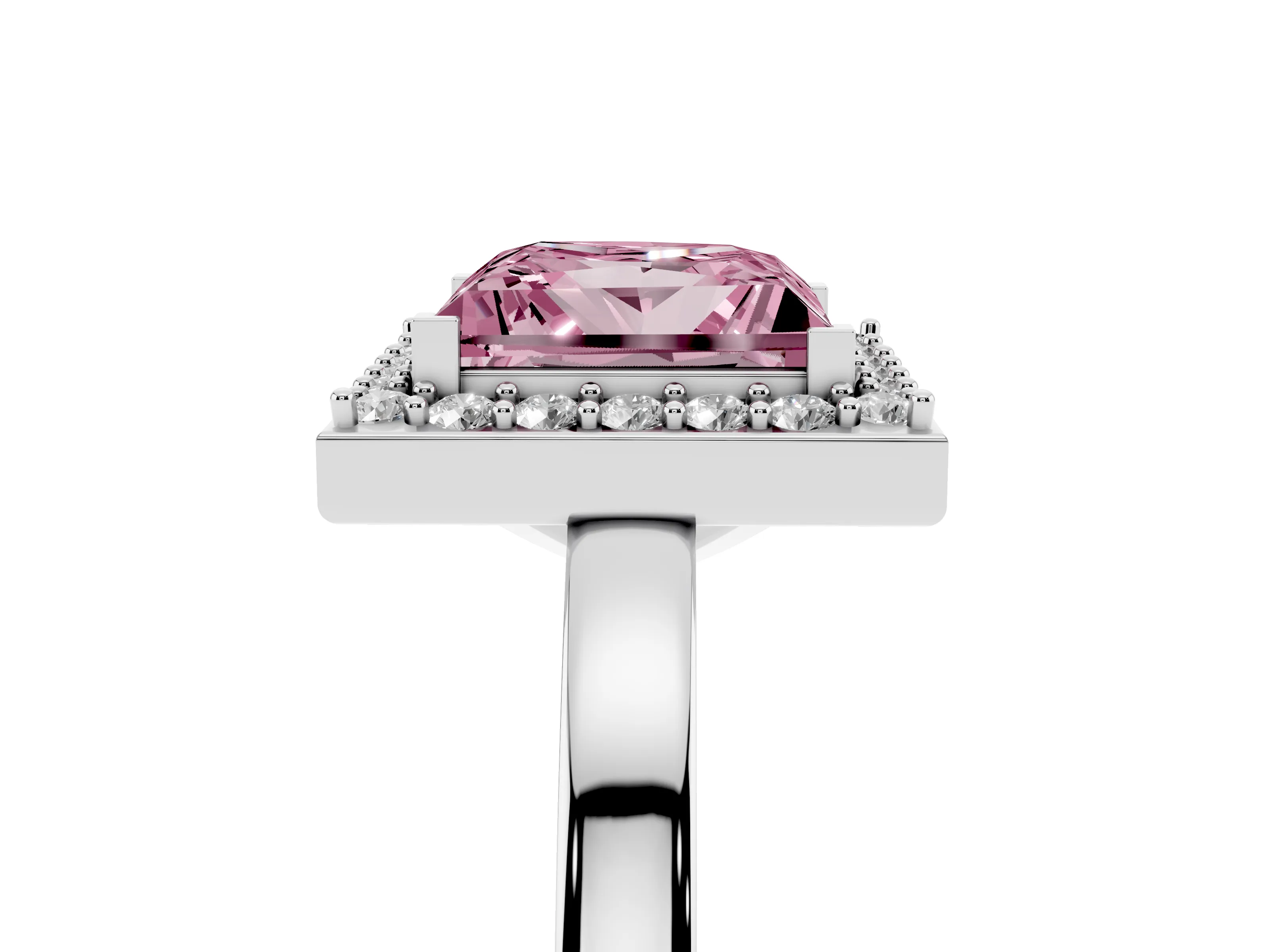 Fancy Pink Princess Cut Diamond Halo Ring Set in White gold with Solitaire Band and Prong Setting