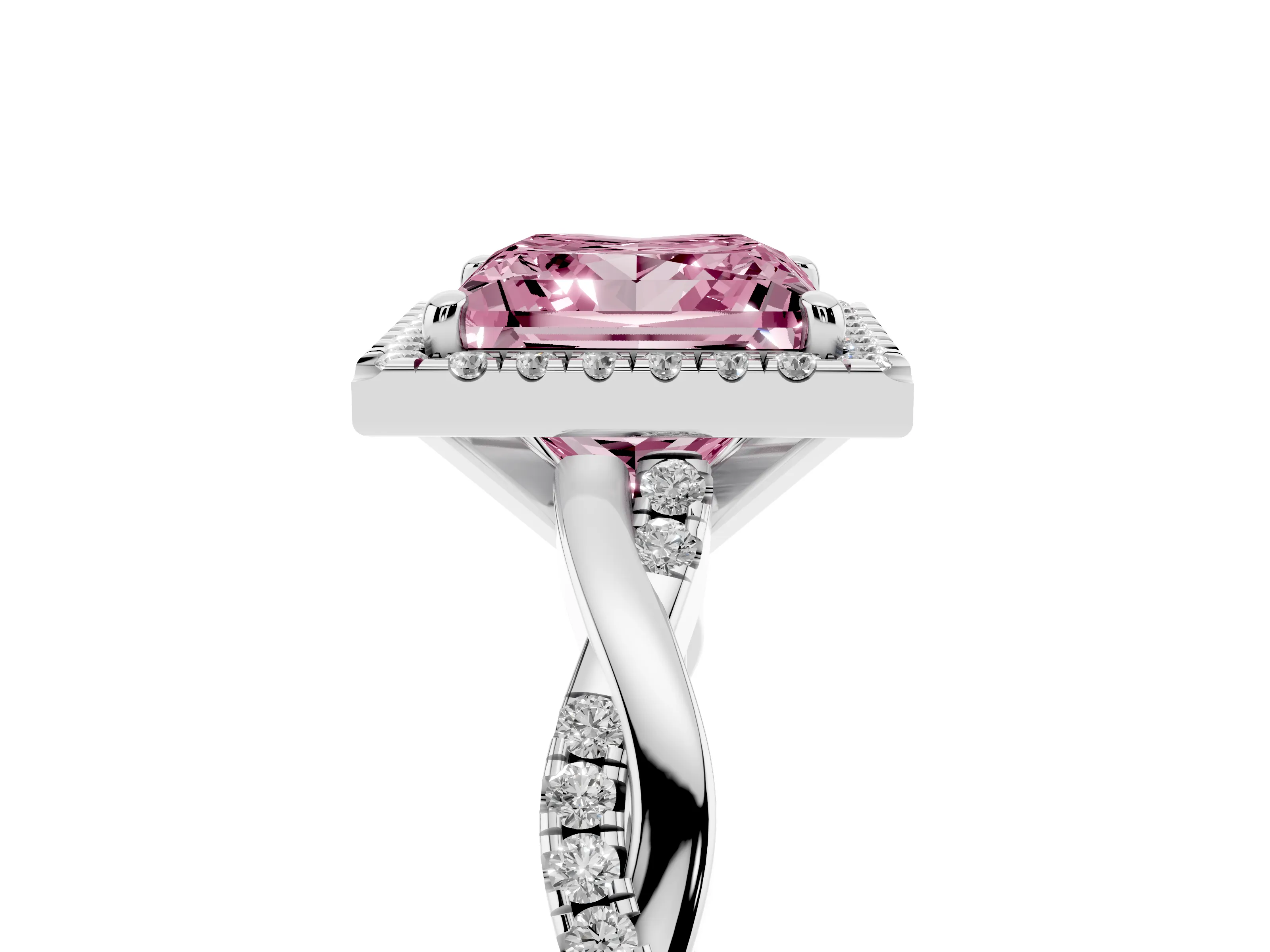 Fancy Pink Princess Cut Diamond Halo Twisted Band Ring Set in White gold with Prong Setting