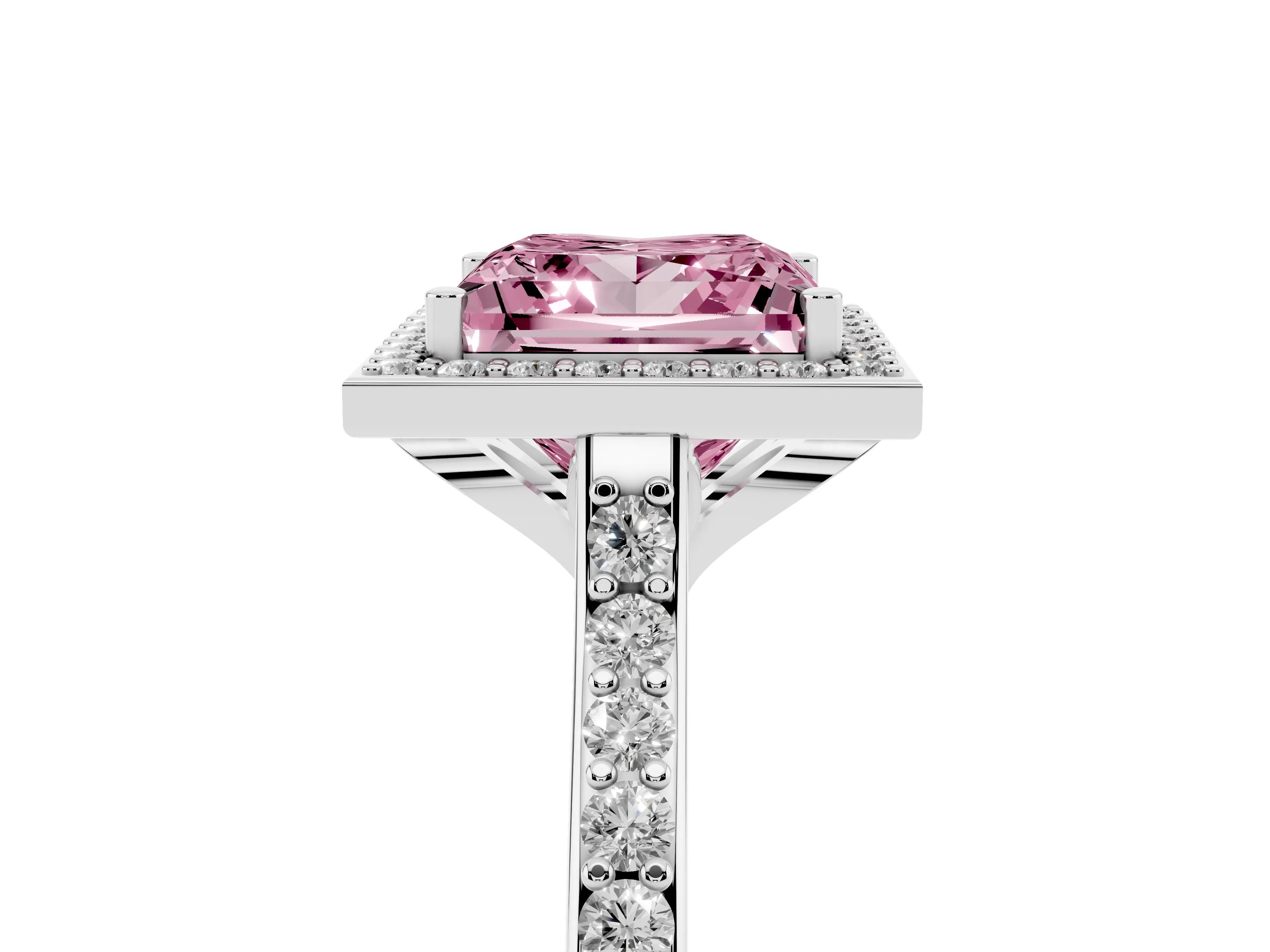 Fancy Pink Princess Cut Diamond Halo Engagement Ring Set in White gold with Round Pavé Shoulders and Heart Gallery