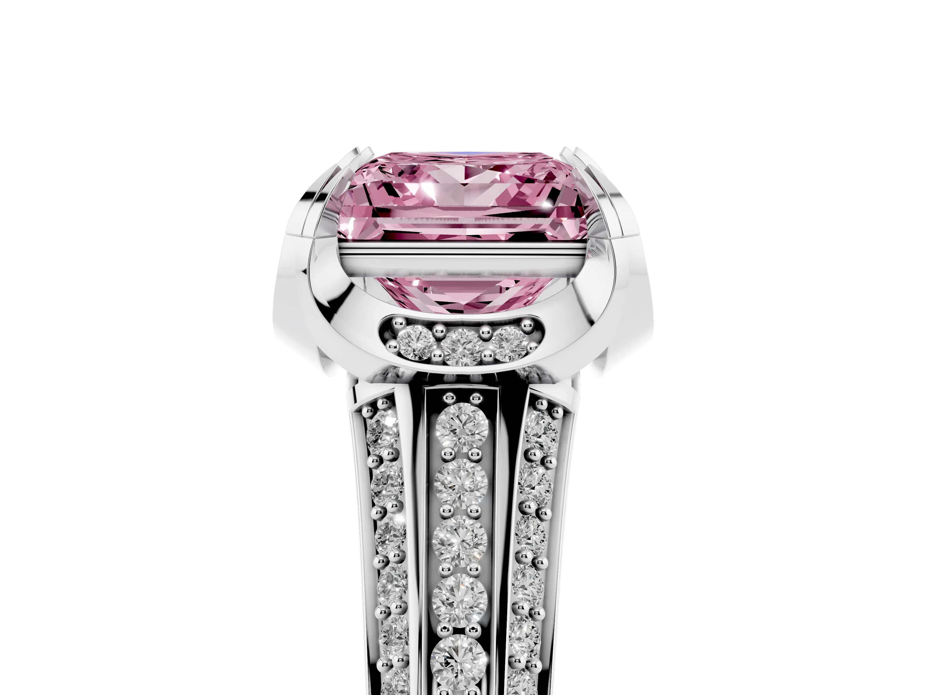 Fancy Pink Princess Cut Diamond Pavé Split Shank Solitaire Ring Set in Silver with Prong Setting