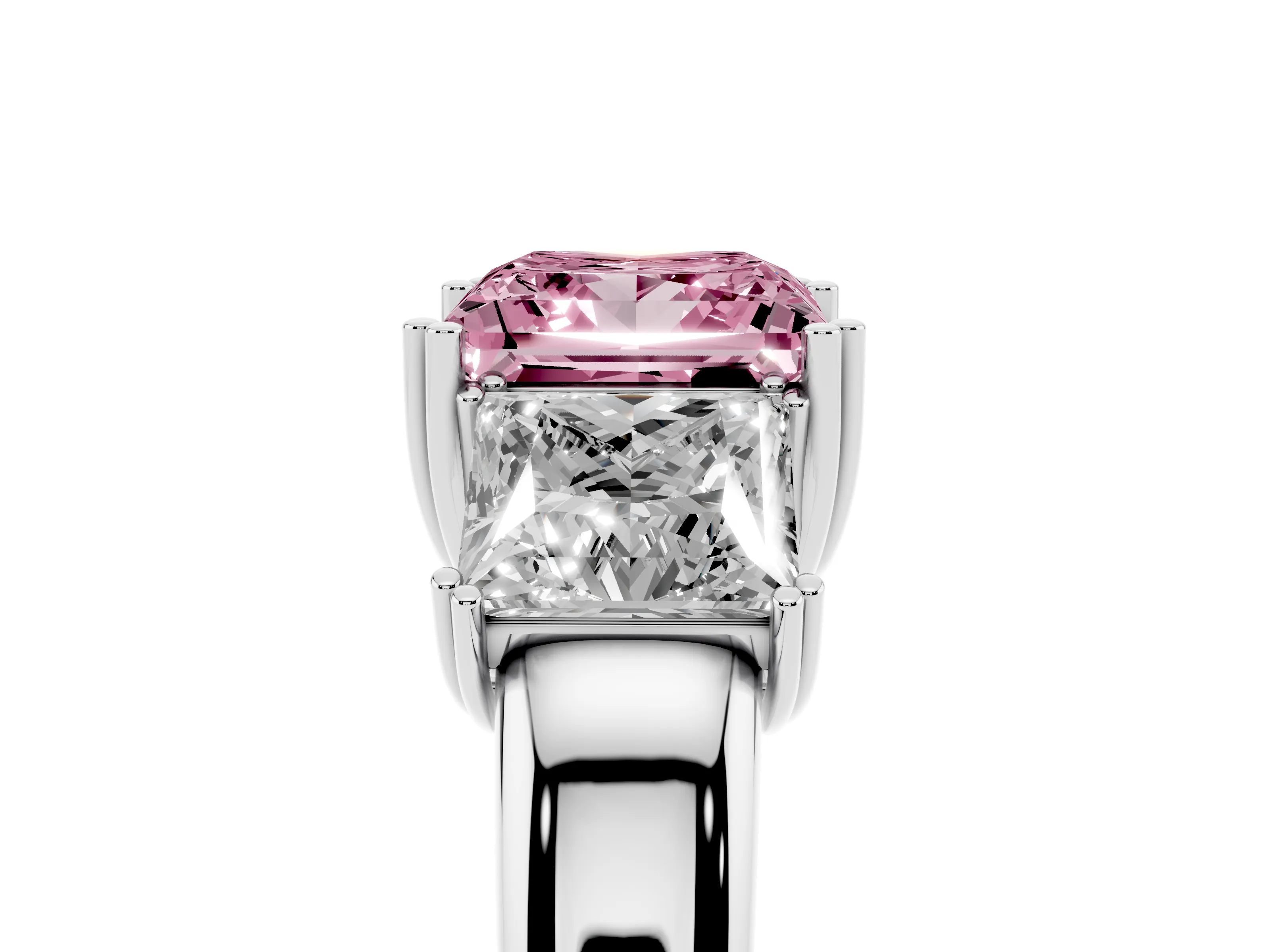 Fancy Pink Princess Cut Diamond Three-Stone Ring Set in Platinum with Polished Channel-Set Band