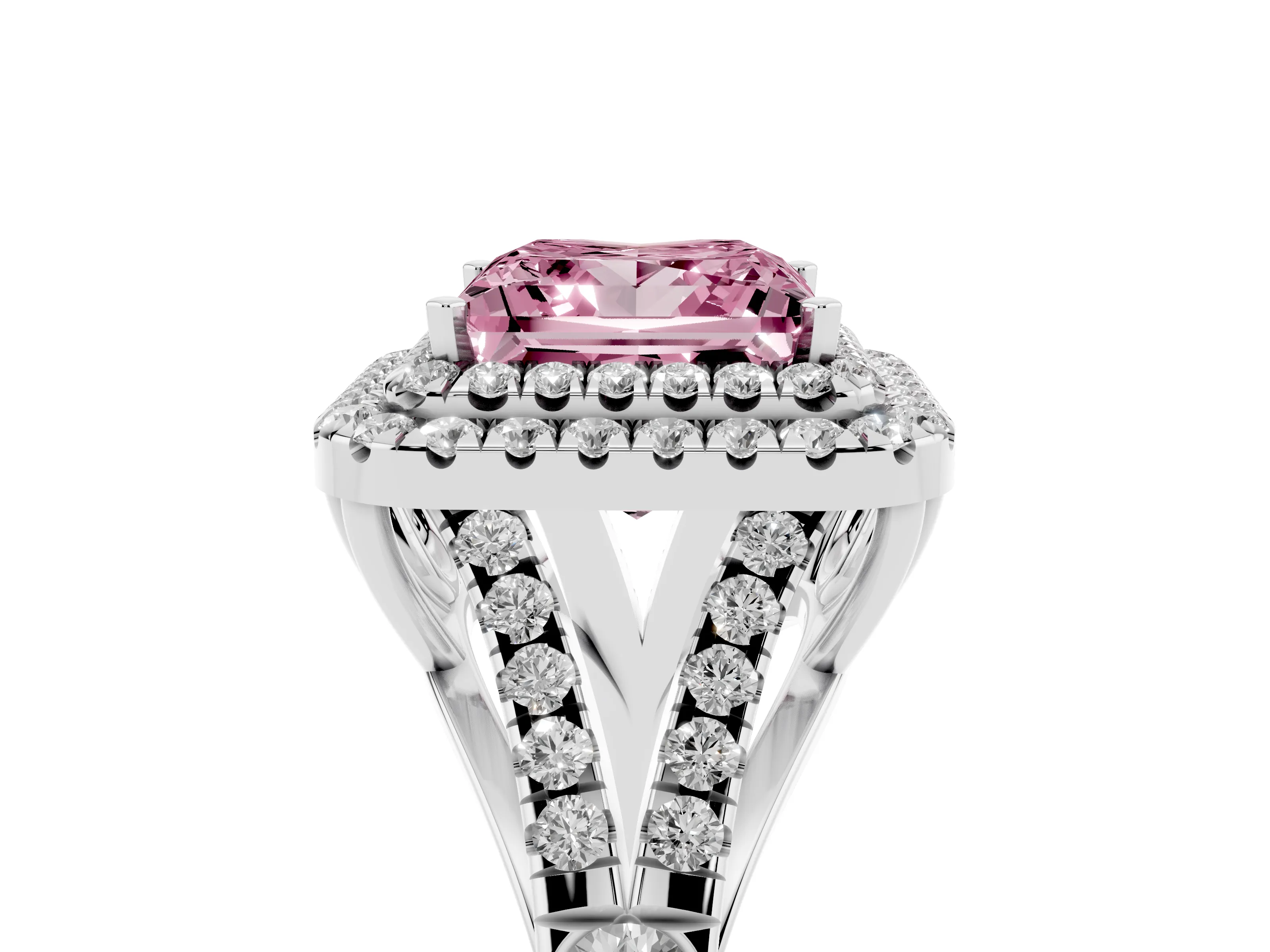 Fancy Pink Princess Cut Diamond Pavé Split Shank Double Halo Engagement Ring Set in Platinum