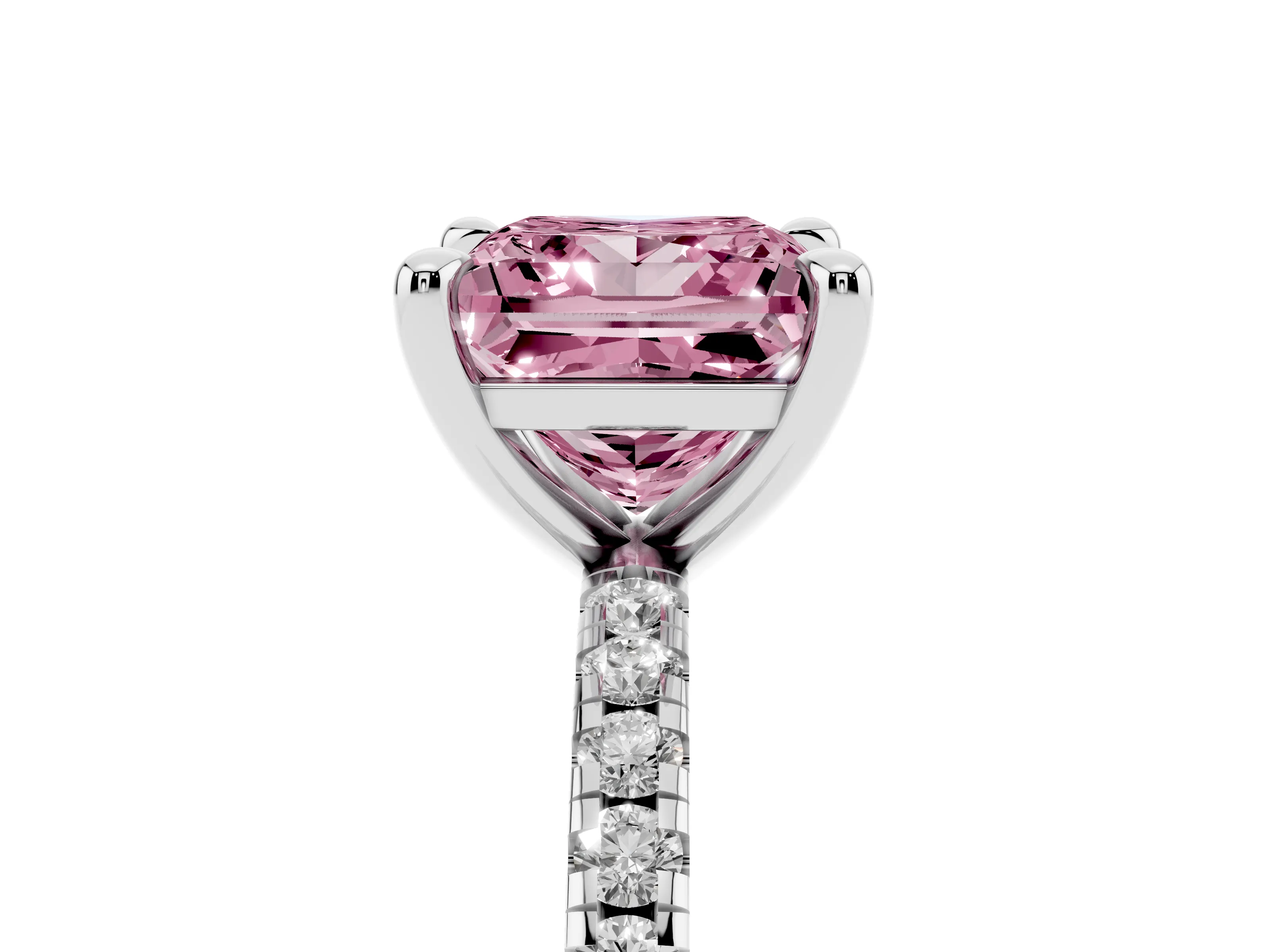 Fancy Pink Princess Cut Diamond Brilliant Solitaire Ring Set in Silver with Pavé Band and Prong Setting