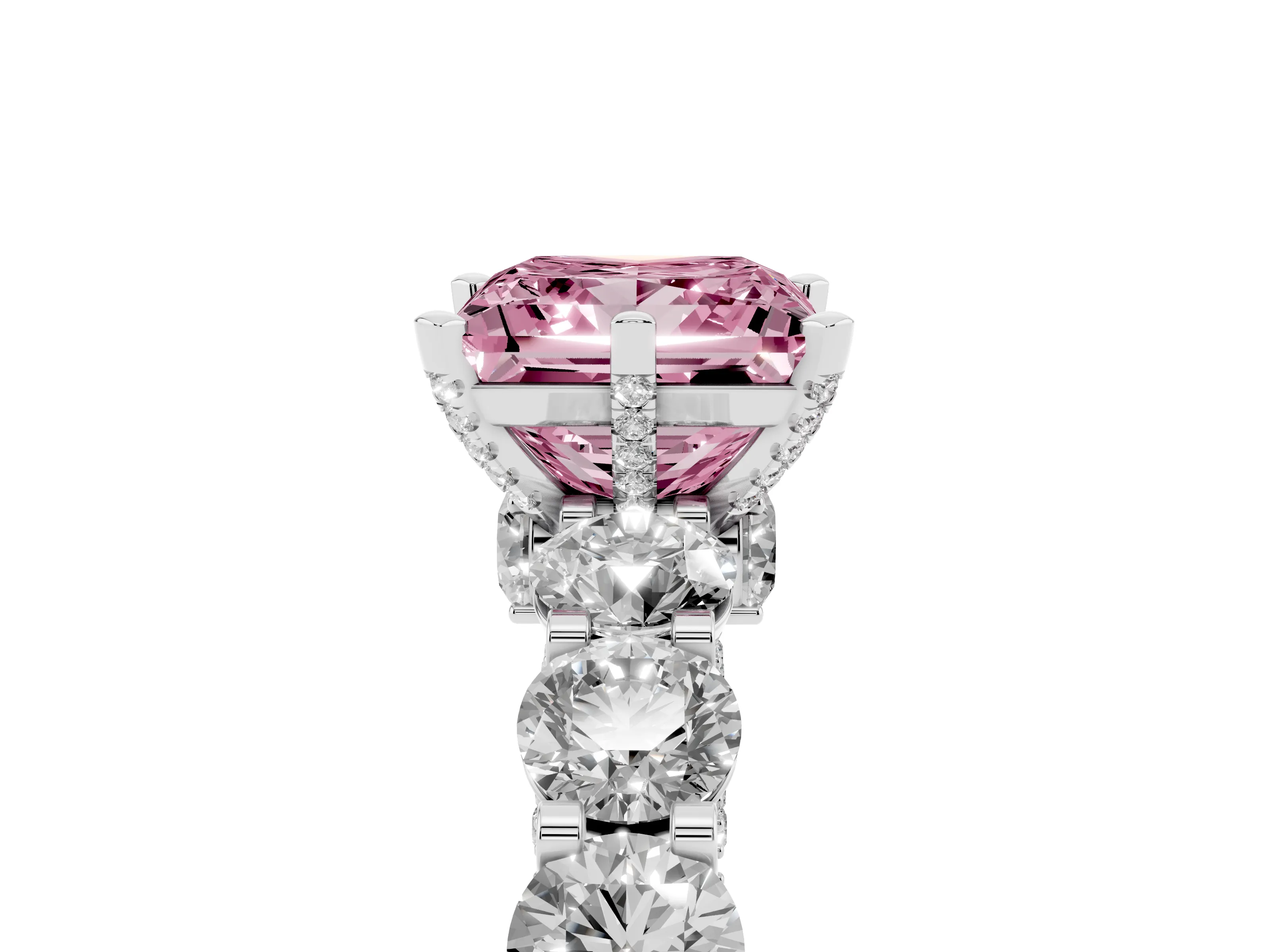 Fancy Pink Princess Cut Diamond Side Stone Ring Set in Silver with Alternating Round and Oval Side Stones