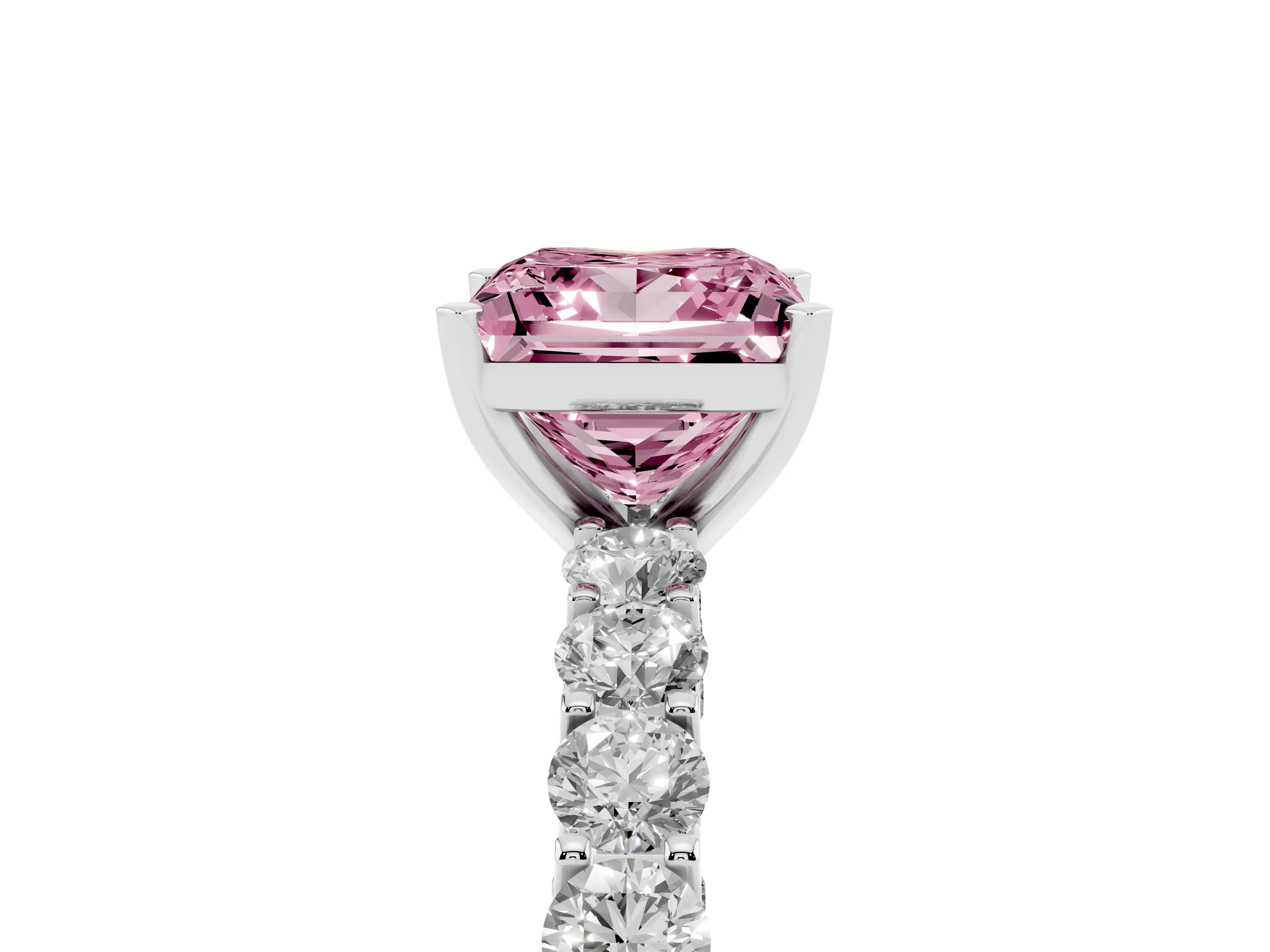 Fancy Pink Princess Cut Diamond Solitaire Ring Set in Platinum with Shared Prong Pavé Band