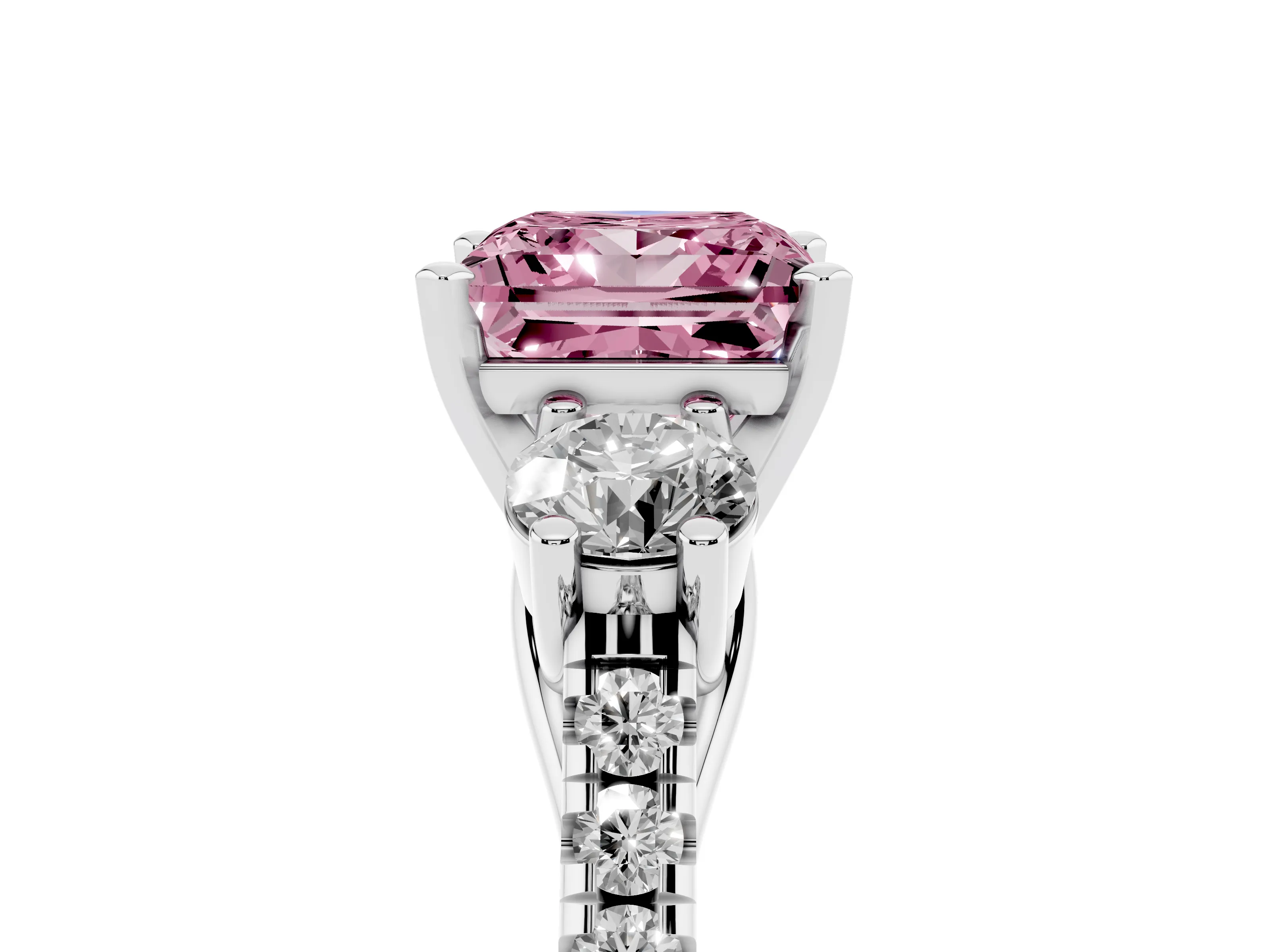 Fancy Pink Three-Stone Princess Cut Diamond Pavé Band Ring Set in Platinum with Prong-Set Trio