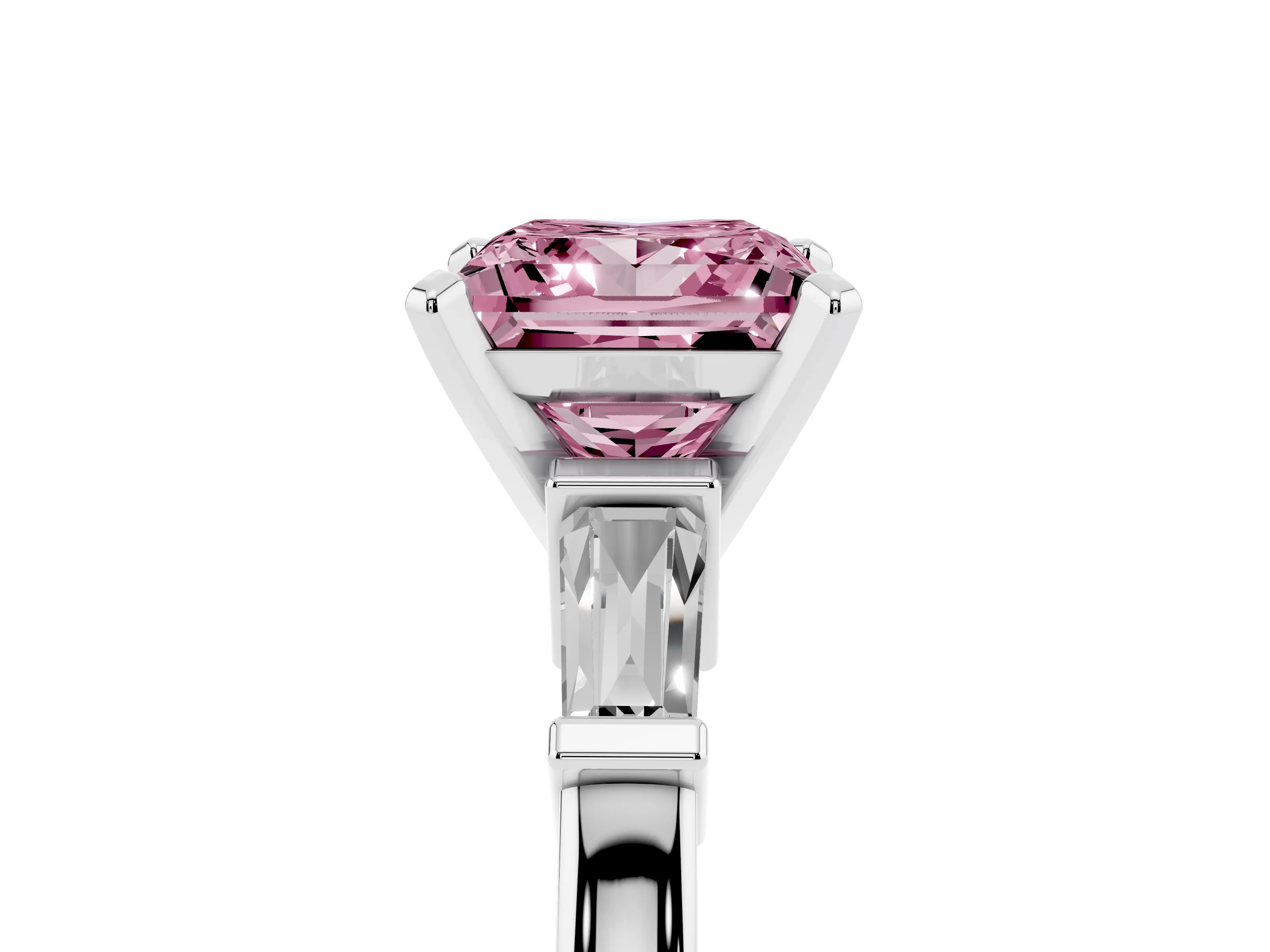 Fancy Pink Princess Cut Diamond Solitaire Ring Set in White gold with Tapered Baguette Accents and Prong Setting