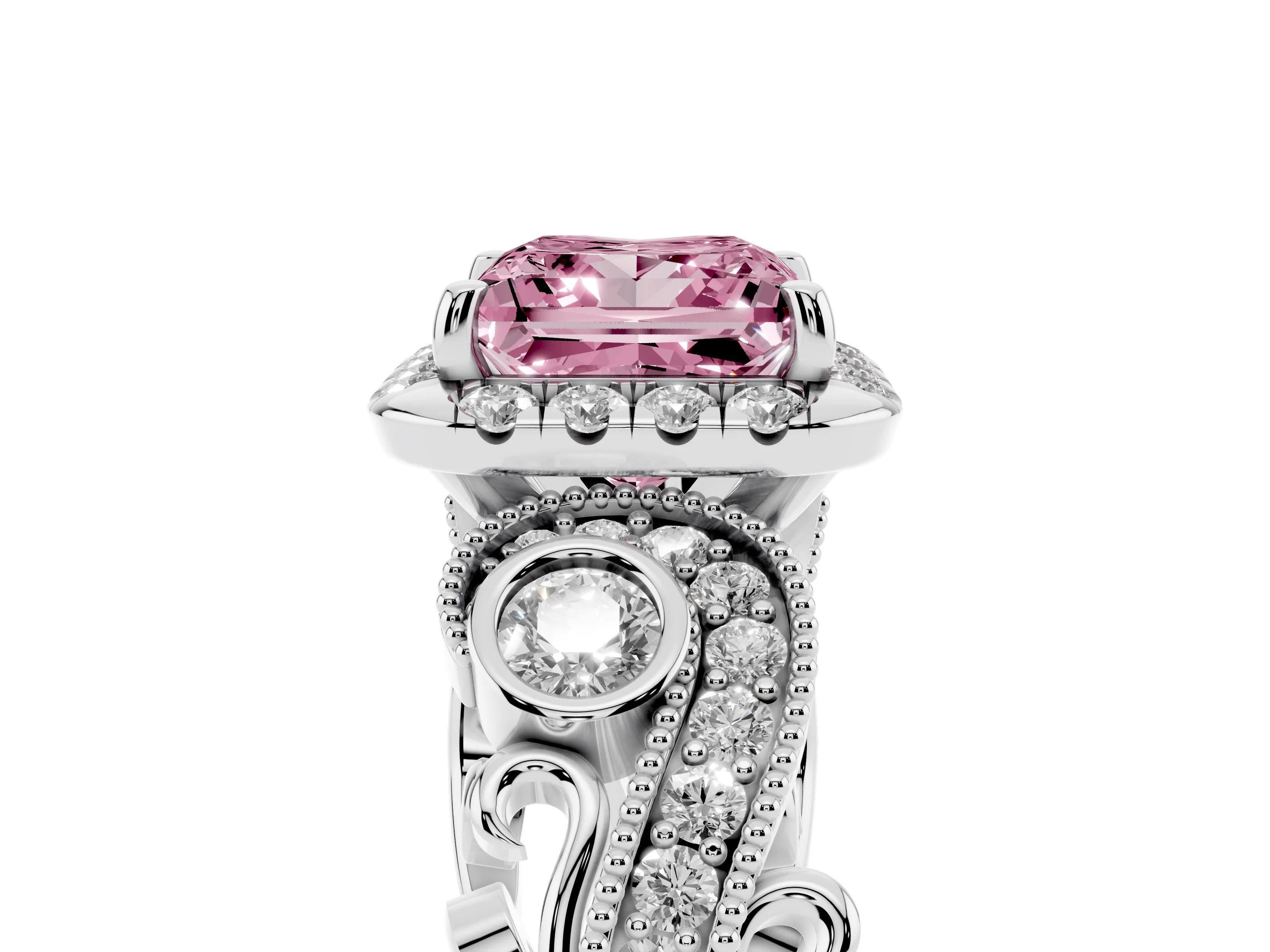 Fancy Pink Princess Cut Diamond Halo Ring Set in Platinum with Milgrain Pavé Band and Prong Setting