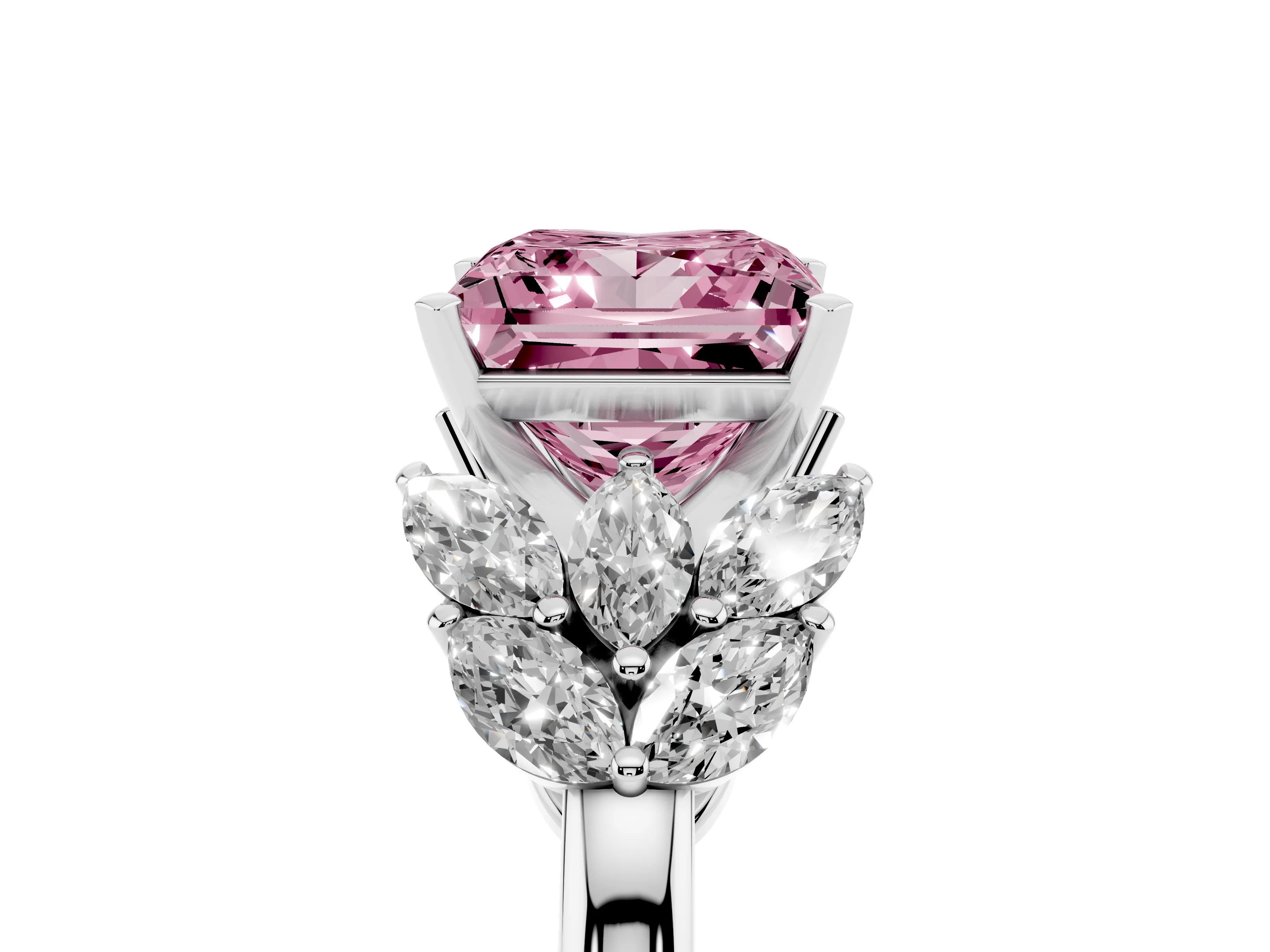 Fancy Pink Princess Cut Diamond Cluster Leaf Design Ring Set in White gold with Prong Setting