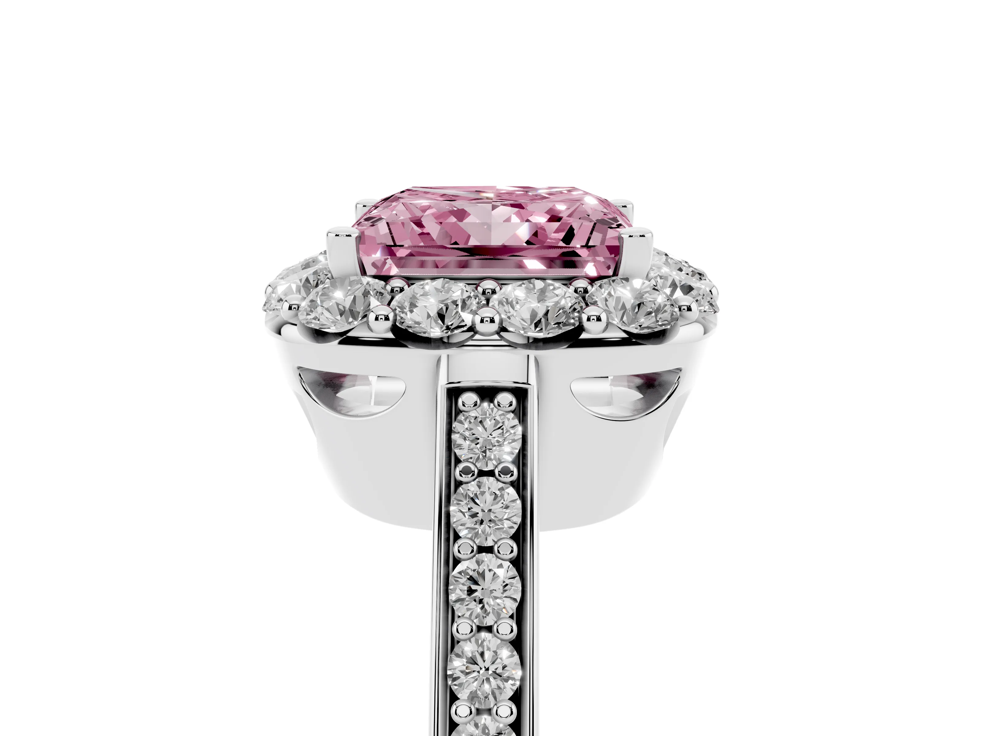 Fancy Pink Princess Cut Diamond Floral Halo Ring Set in White gold with Pavé Band and Prong Setting