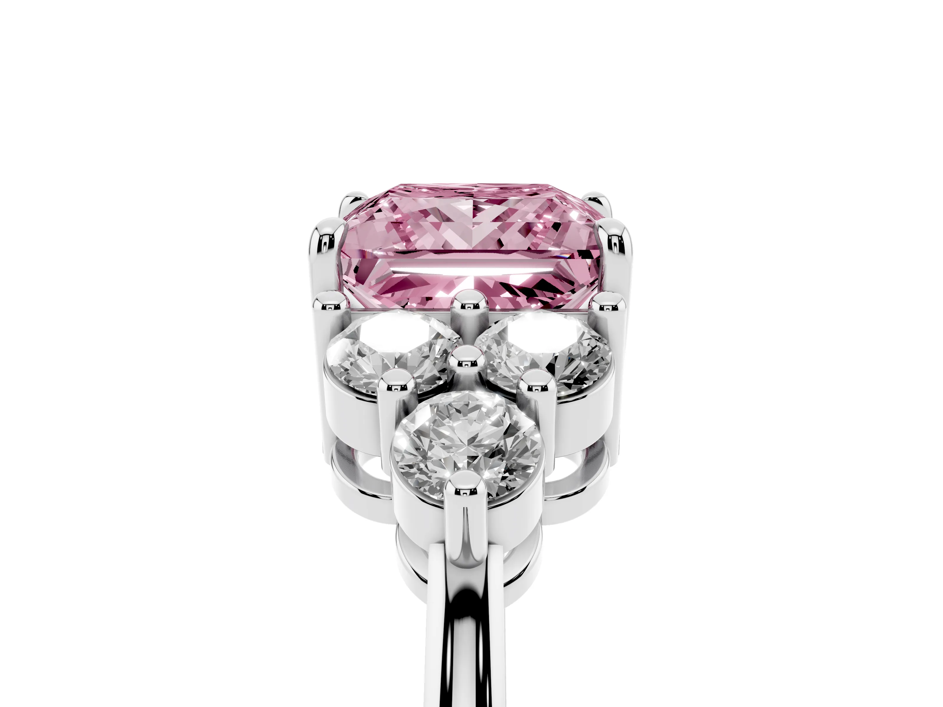 Fancy Pink Princess Cut Diamond Solitaire Ring Set in Platinum with Cluster Accents on Each Side