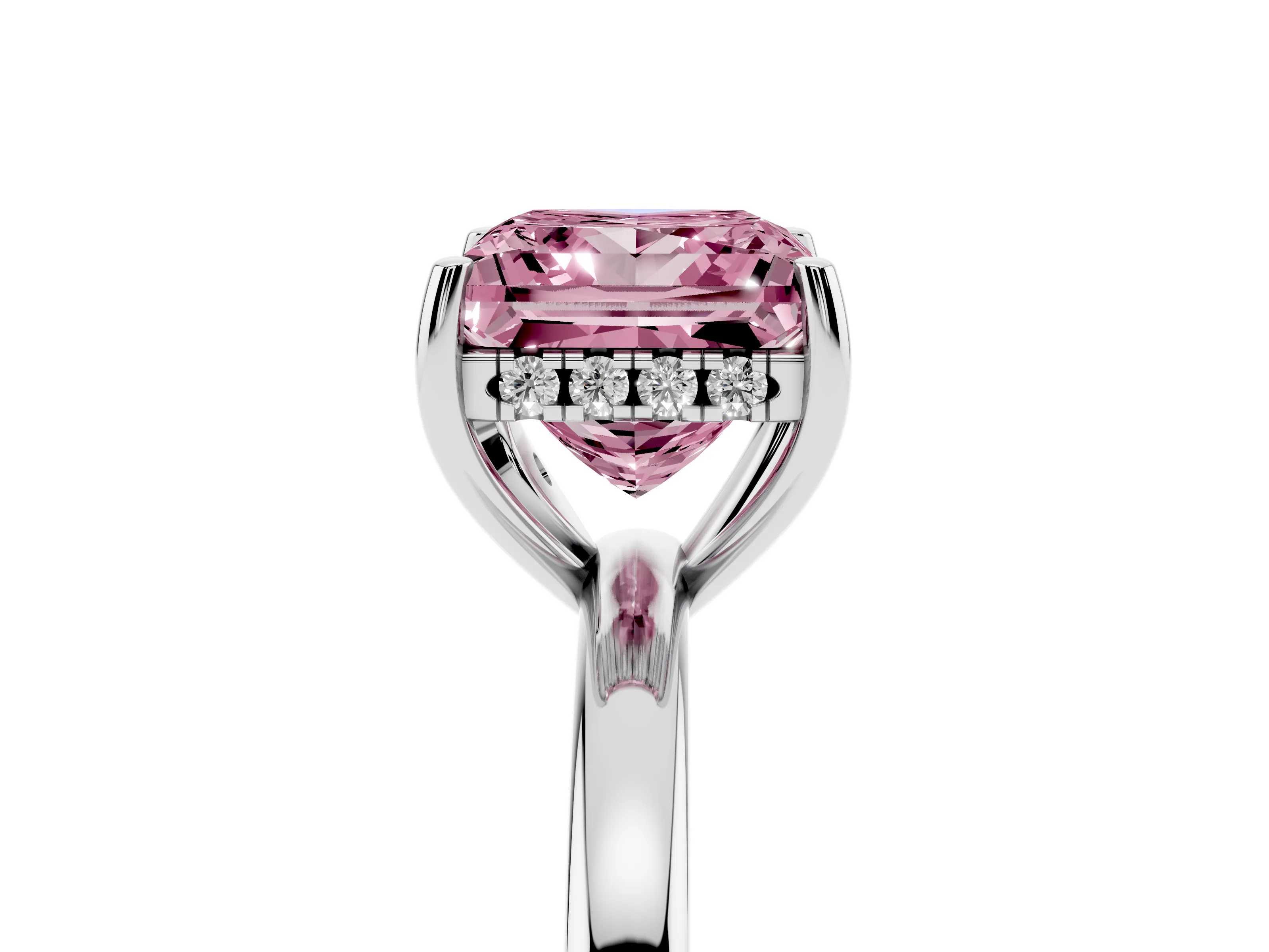 Fancy Pink Princess Cut Diamond Solitaire Ring Set in Silver with Plain Band and Prong Setting
