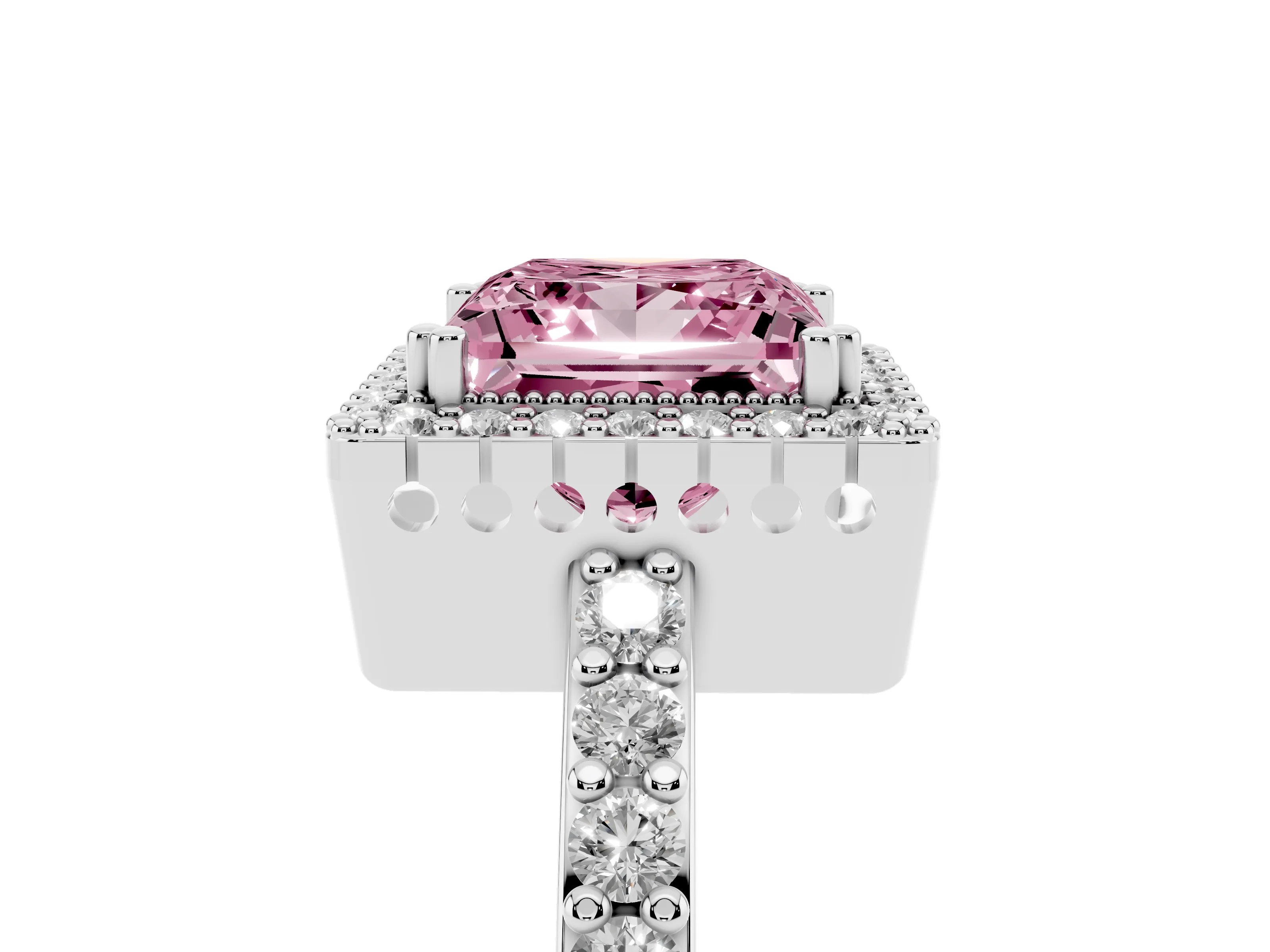 Fancy Pink Princess Cut Diamond Halo Engagement Ring Set in White gold with Milgrain Detail and Pavé Band
