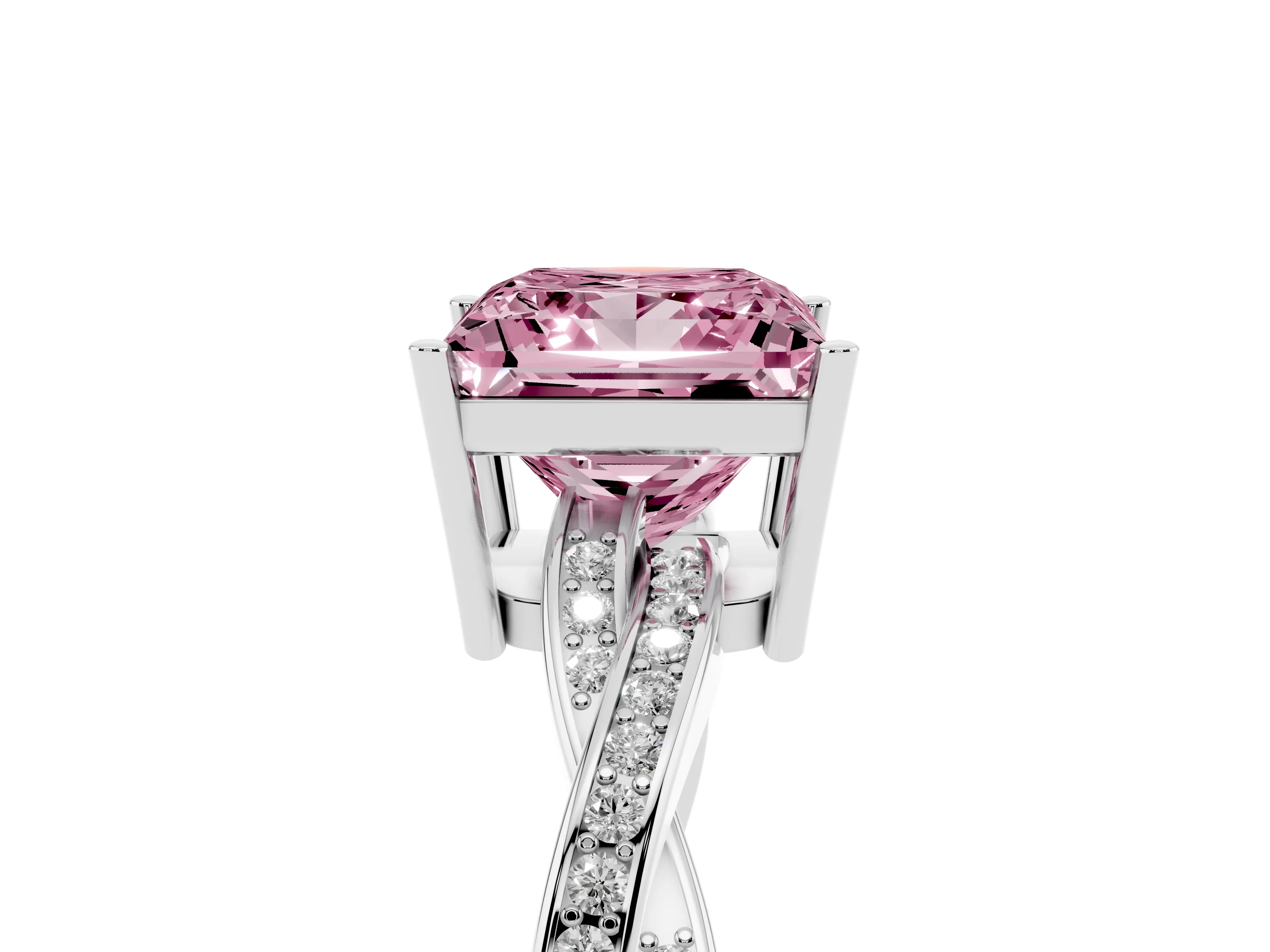 Fancy Pink Princess Cut Diamond Solitaire Twisted Pavé Ring Set in White gold with Prong Setting