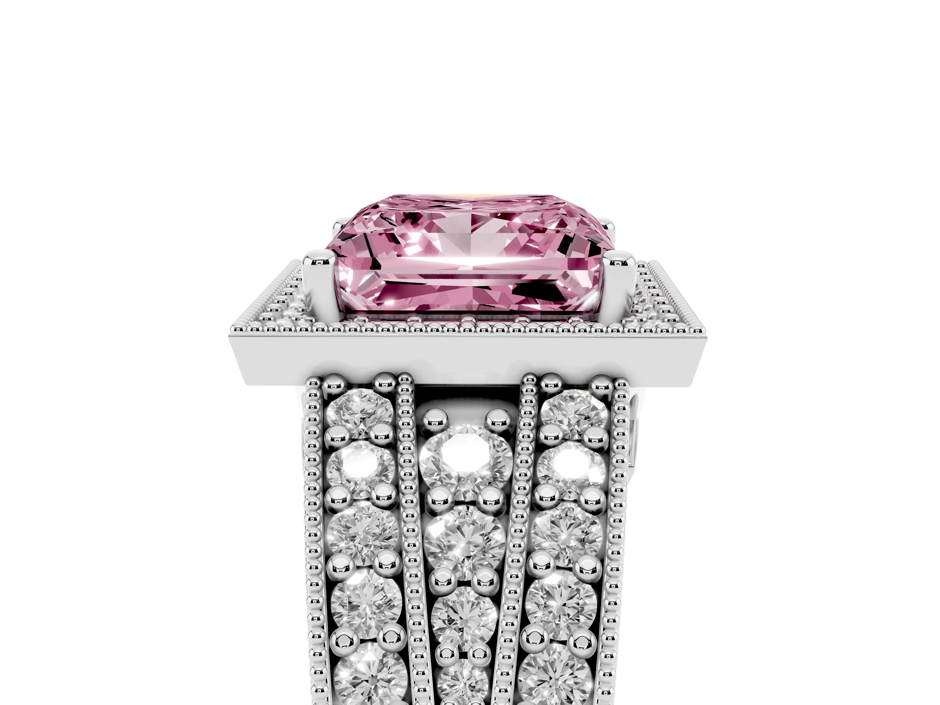 Fancy Pink Princess Cut Diamond Halo Ring Set in Platinum with Accent Split Shank and Prong Setting