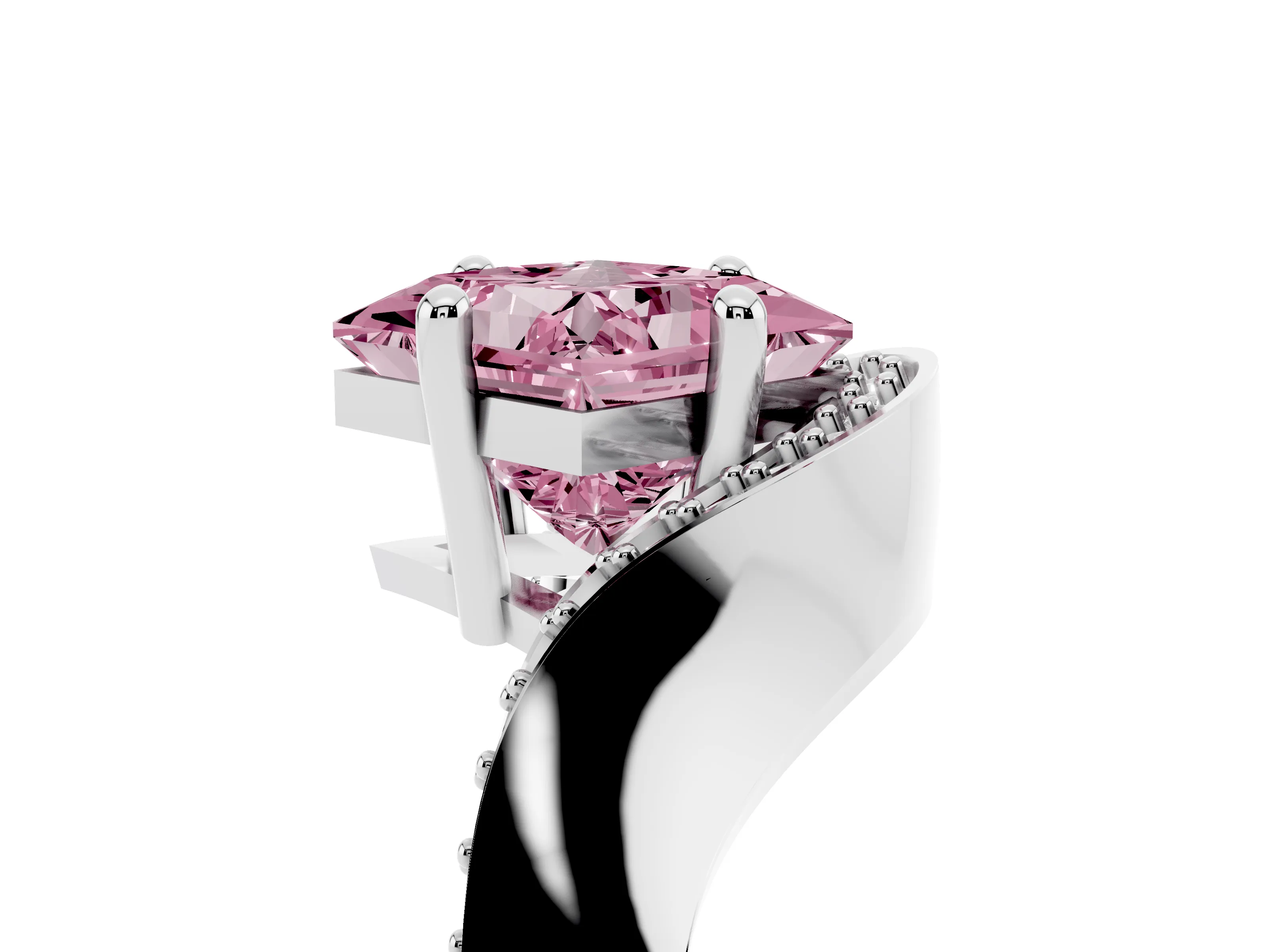 Fancy Pink Princess Cut Diamond Solitaire Engagement Ring Set in Silver with Pavé Shoulders
