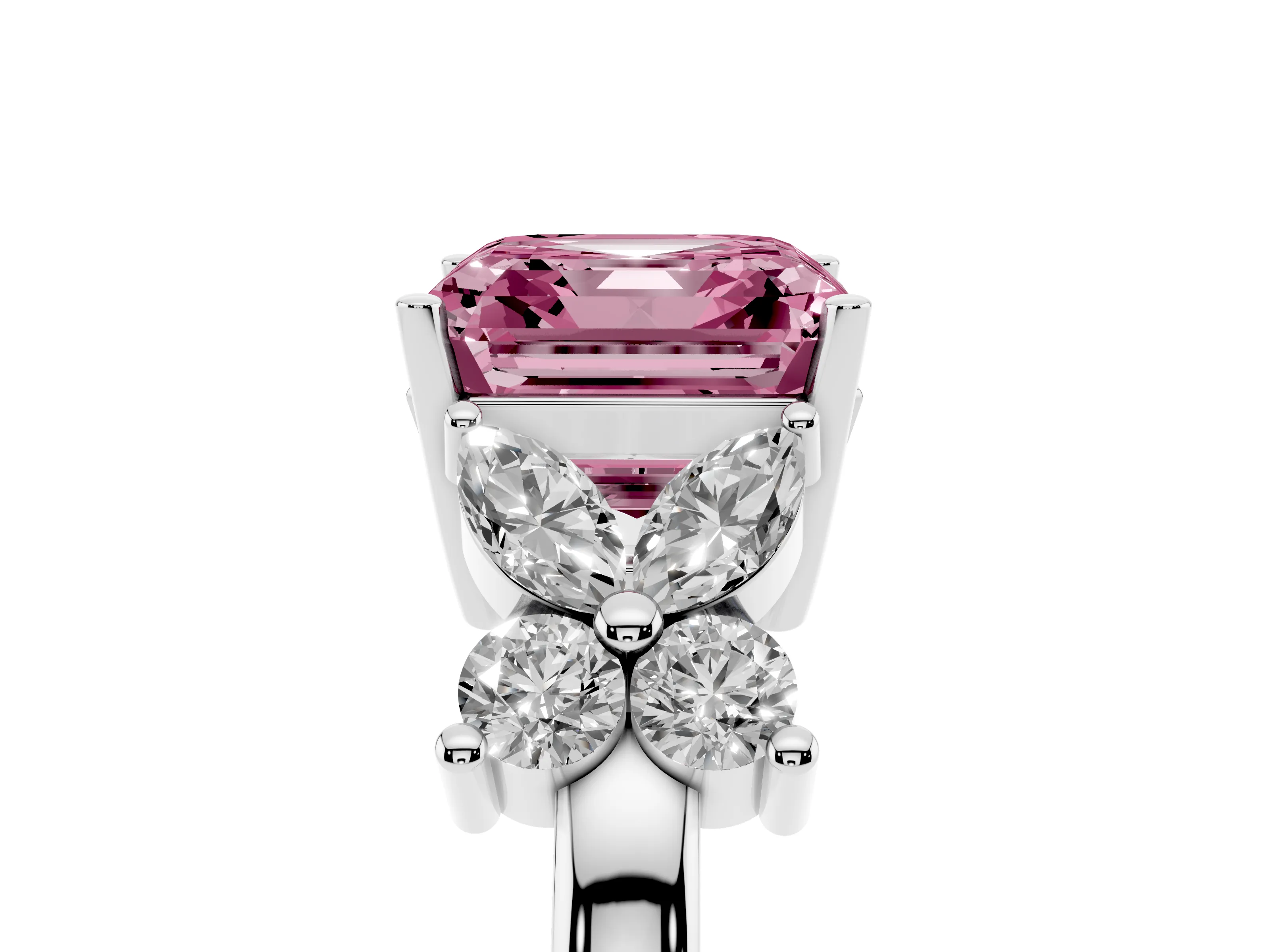 Fancy Pink Princess Cut Diamond Floral Cluster Ring Set in Silver with Marquise Petals and Prong Setting