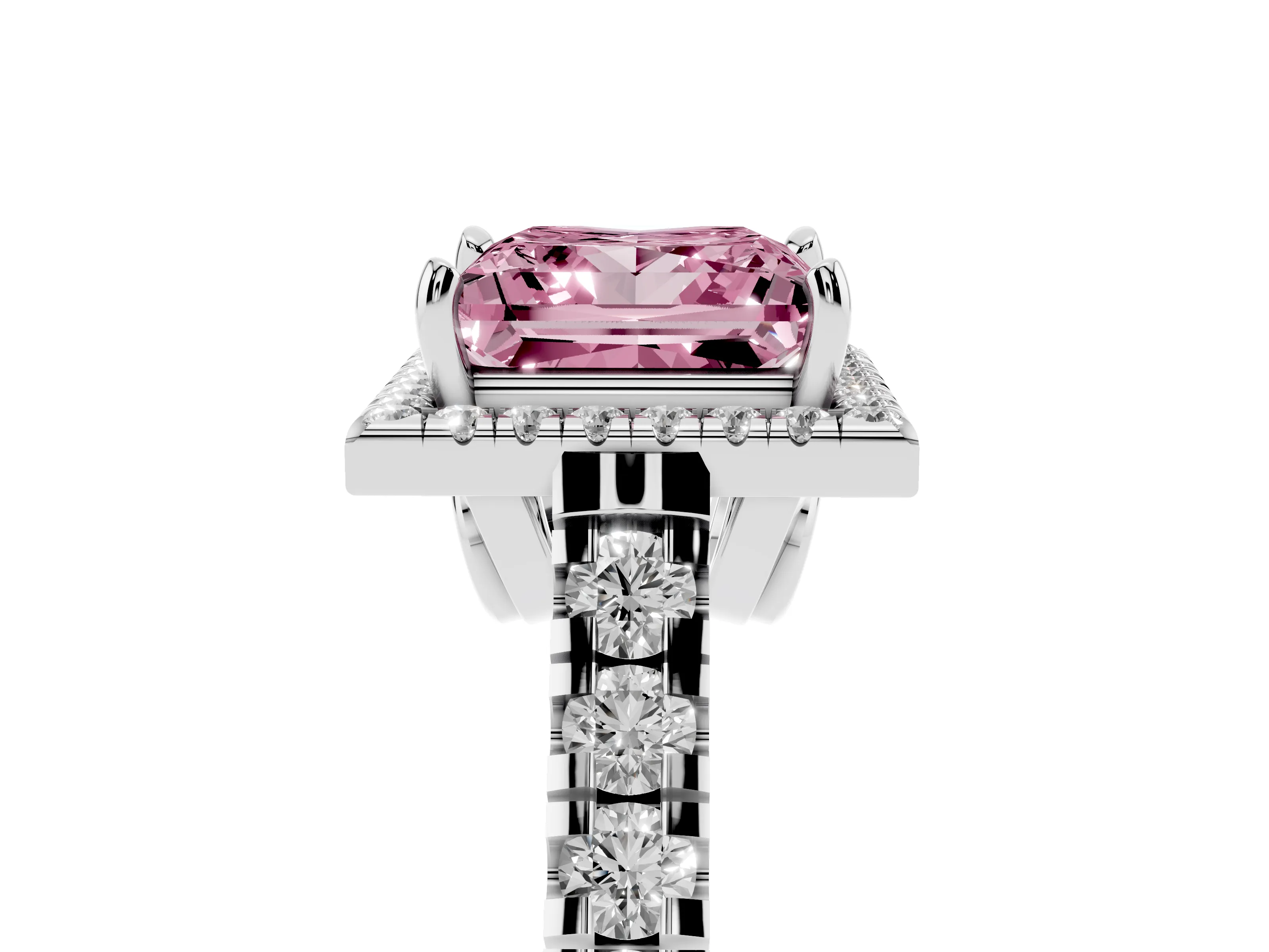 Fancy Pink Princess Cut Diamond Halo Engagement Ring Set in Platinum with Pavé Band and Prong-Set Center