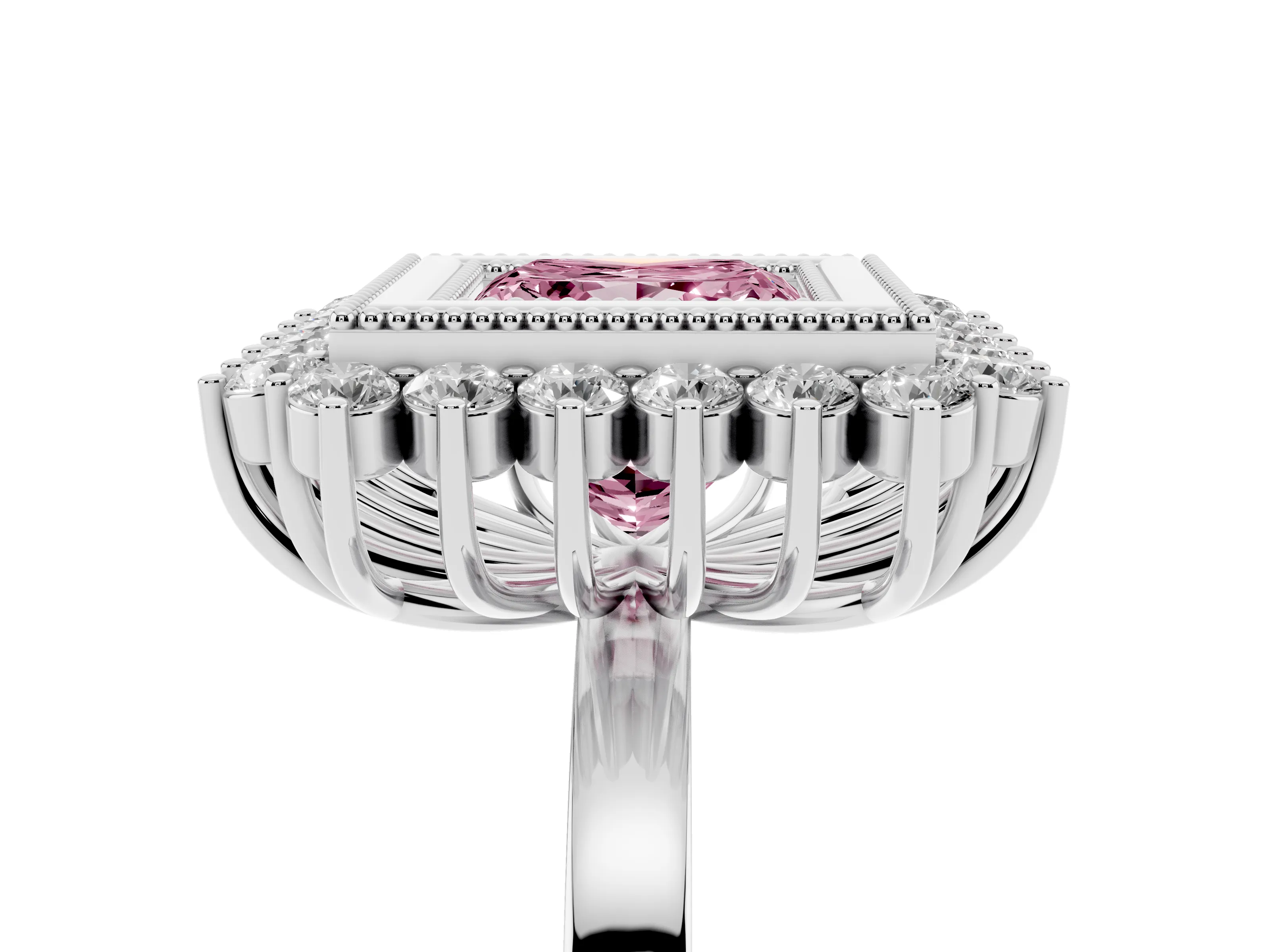 Fancy Pink Princess Cut Diamond Halo Ring Set in Platinum with Milgrain Edge and Round Prong Setting