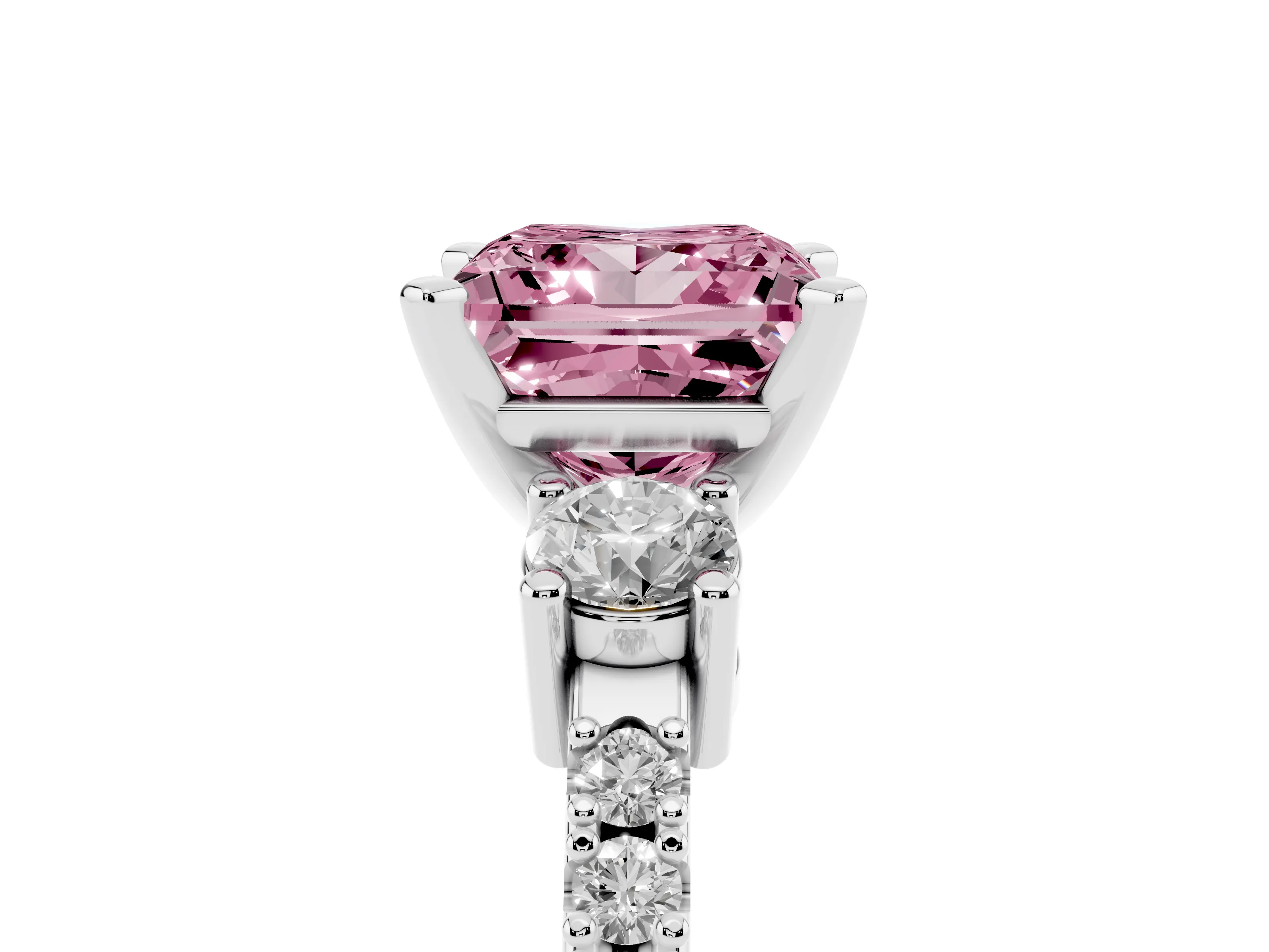 Fancy Pink Three-Stone Princess Cut Diamond Pavé Band Ring Set in Platinum with Prong Setting