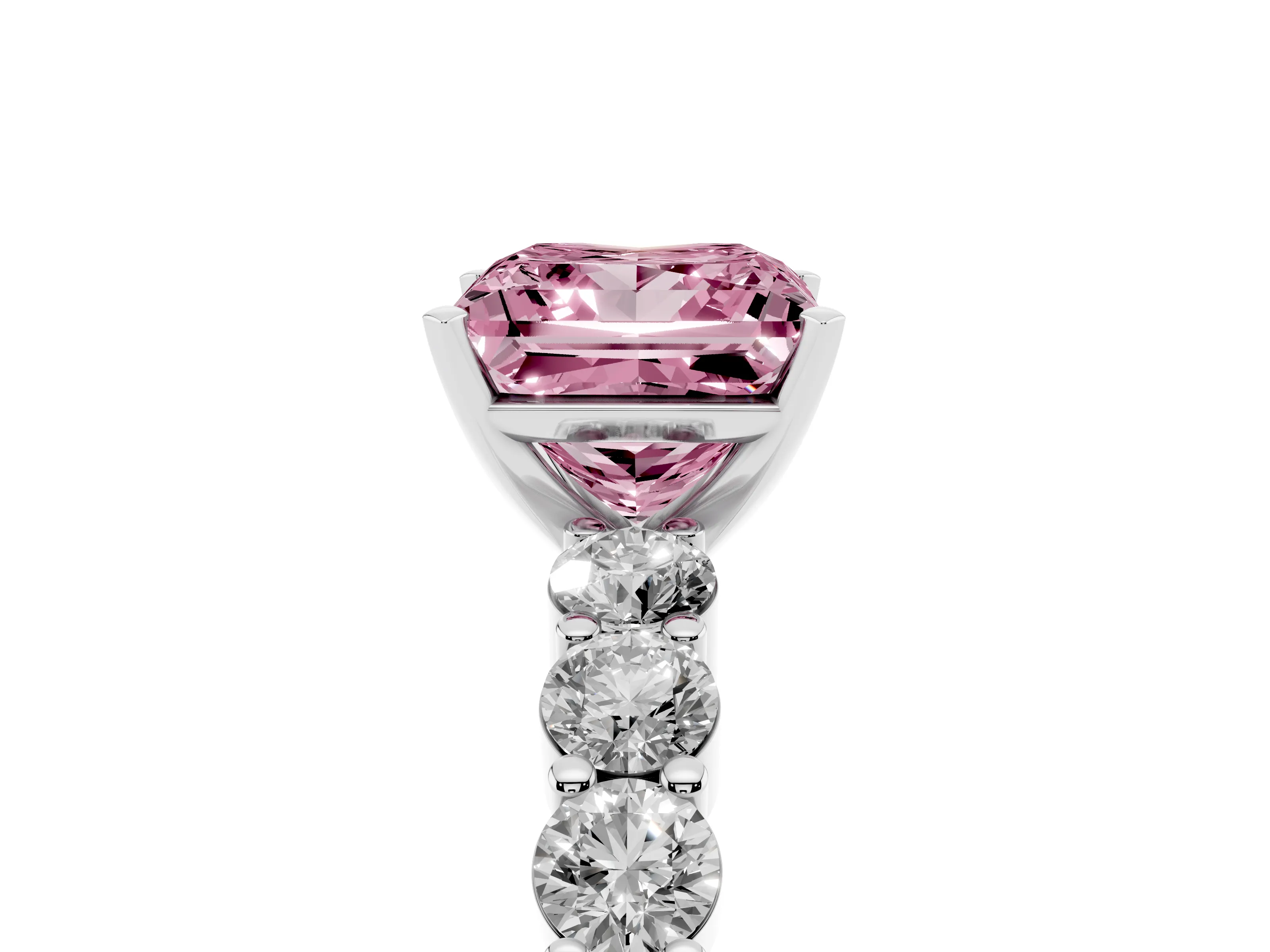 Fancy Pink Princess Cut Diamond Solitaire Ring Set in Platinum with Shared Prong Round Side Stones