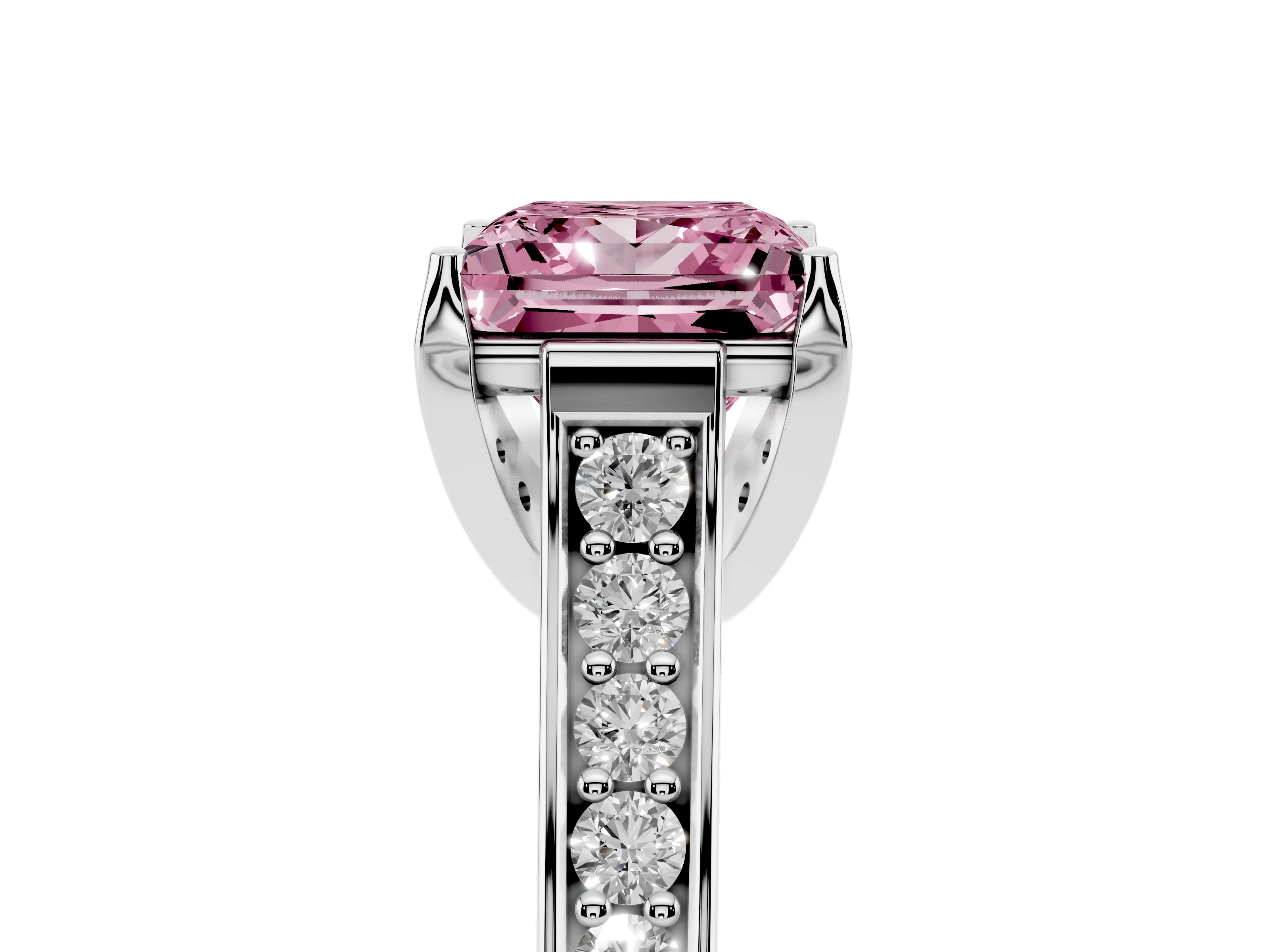 Fancy Pink Princess Cut Diamond Solitaire Pavé Engagement Ring Set in Platinum with Prong Setting