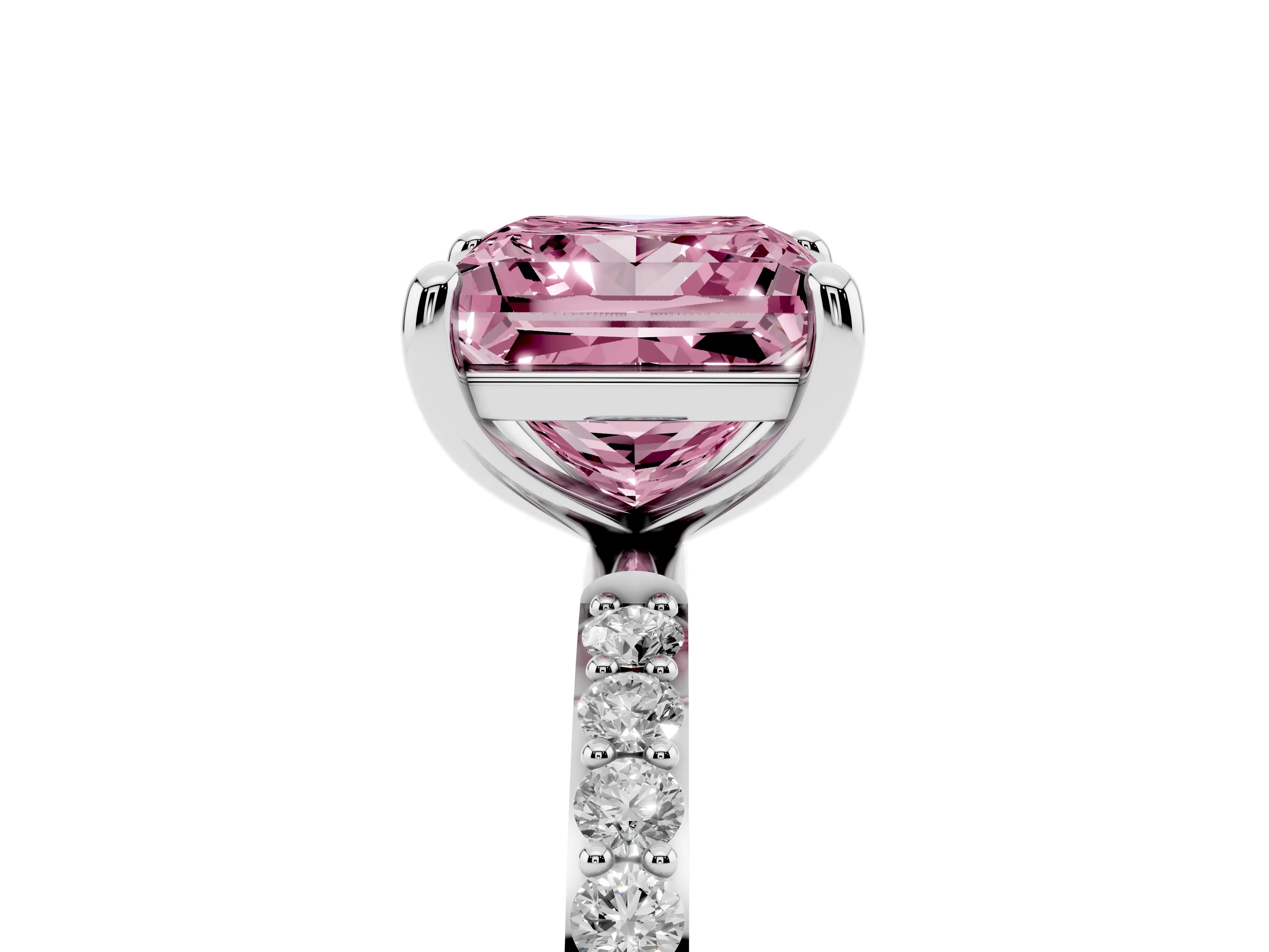 Fancy Pink Princess Cut Diamond Solitaire Ring Set in White gold with Round Pavé Band and Prong Setting
