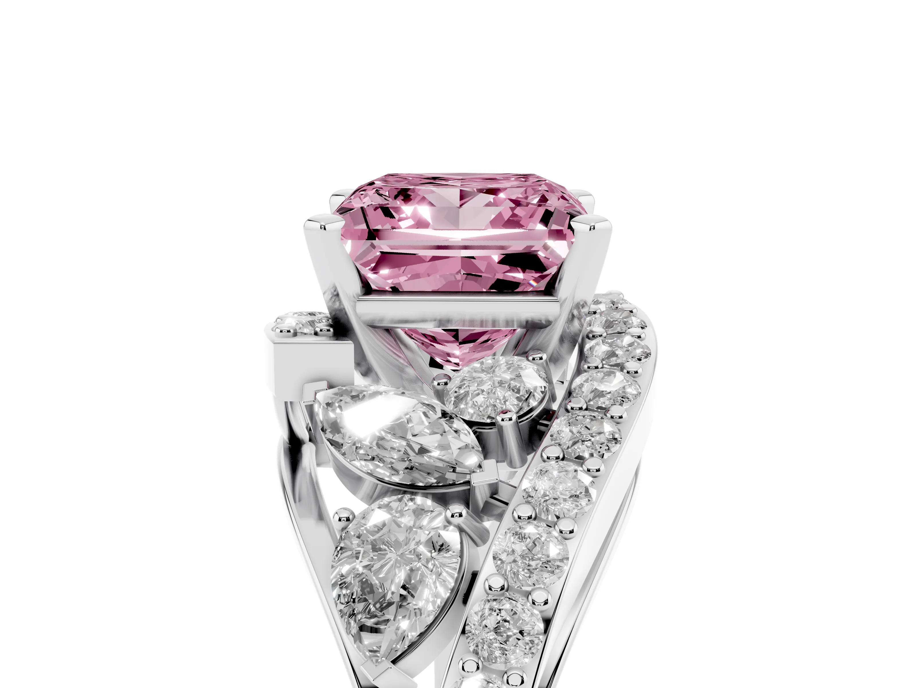 Fancy Pink Princess Cut Diamond Halo Ring Set in White gold with Marquise and Pavé Band in Prong Setting