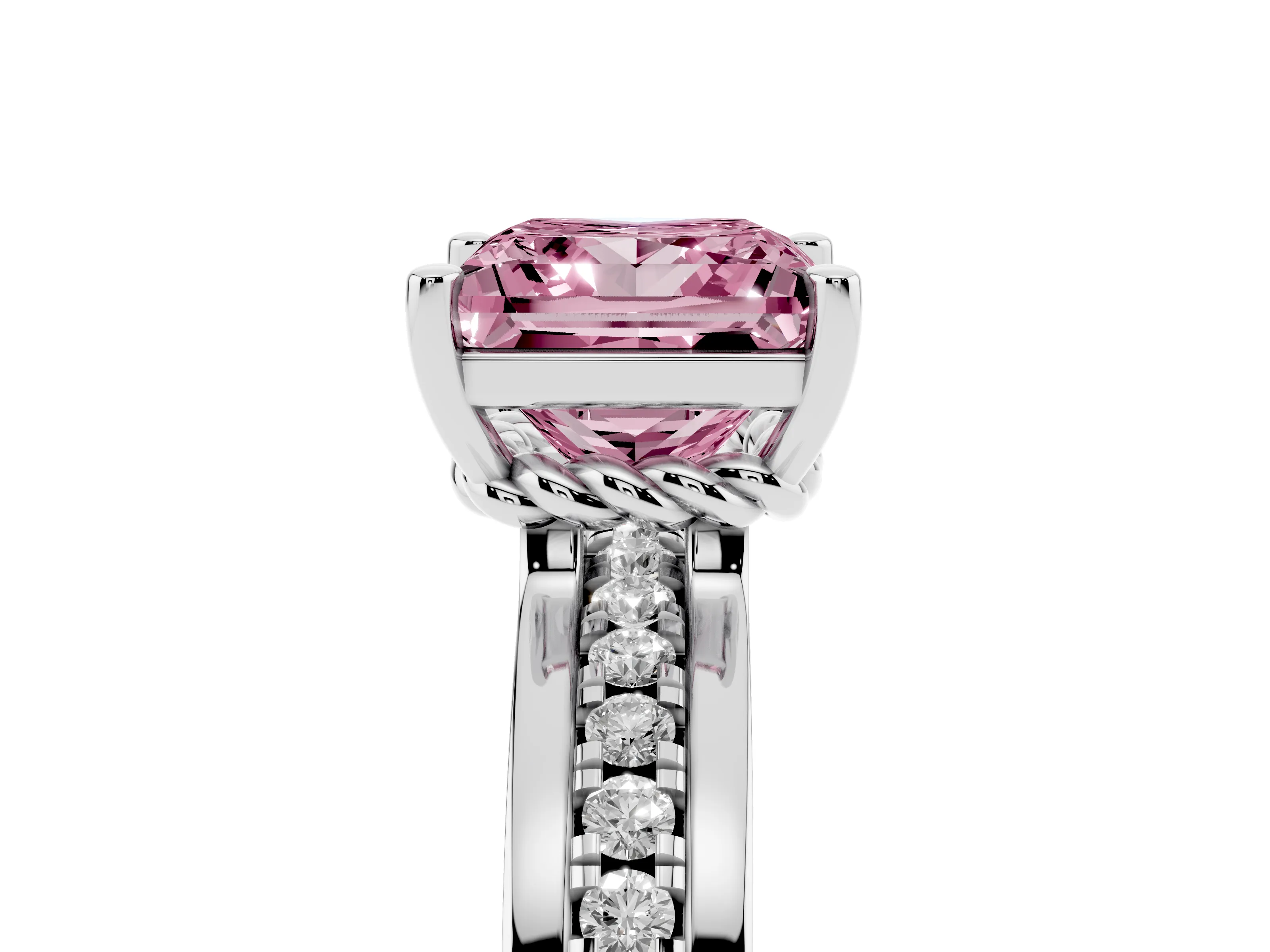 Fancy Pink Princess Cut Diamond Solitaire Ring Set in White gold with Channel Set Band and Prong Setting