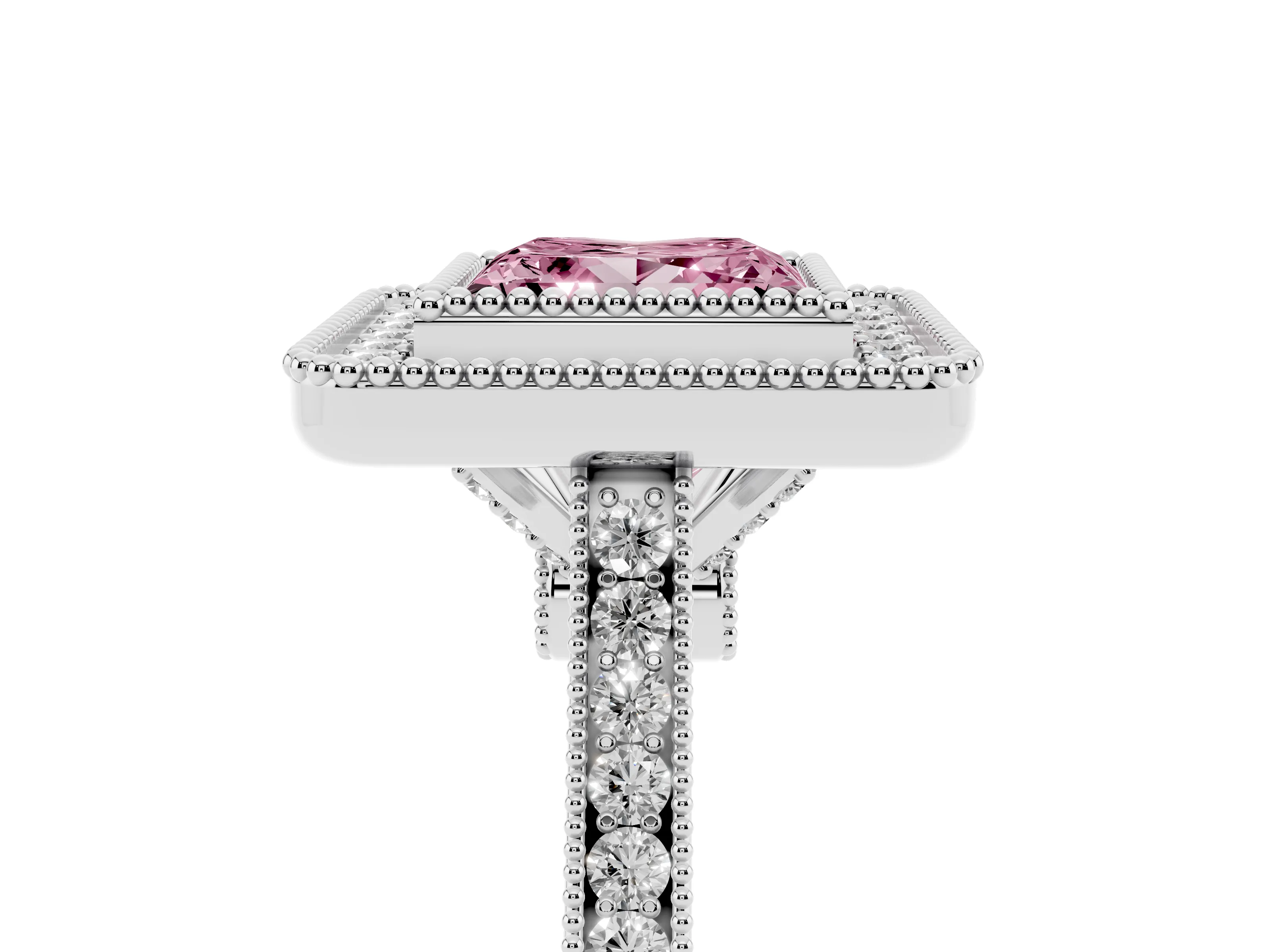 Fancy Pink Princess Cut Diamond Halo Ring Set in White gold with Milgrain Frame and Pavé Band