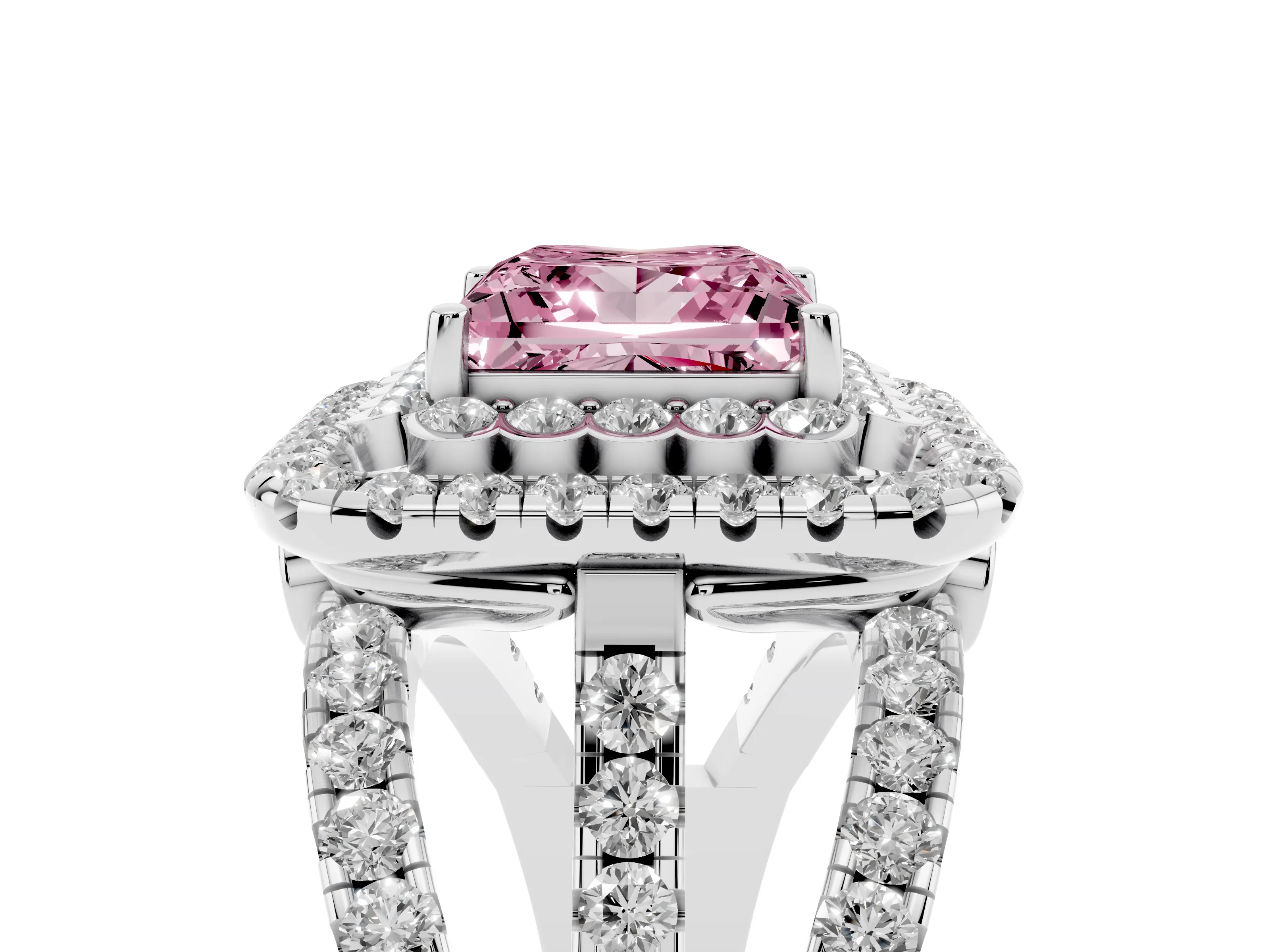 Fancy Pink Princess Cut Diamond Double Halo Ring Set in White gold with Round Pavé Split Shank