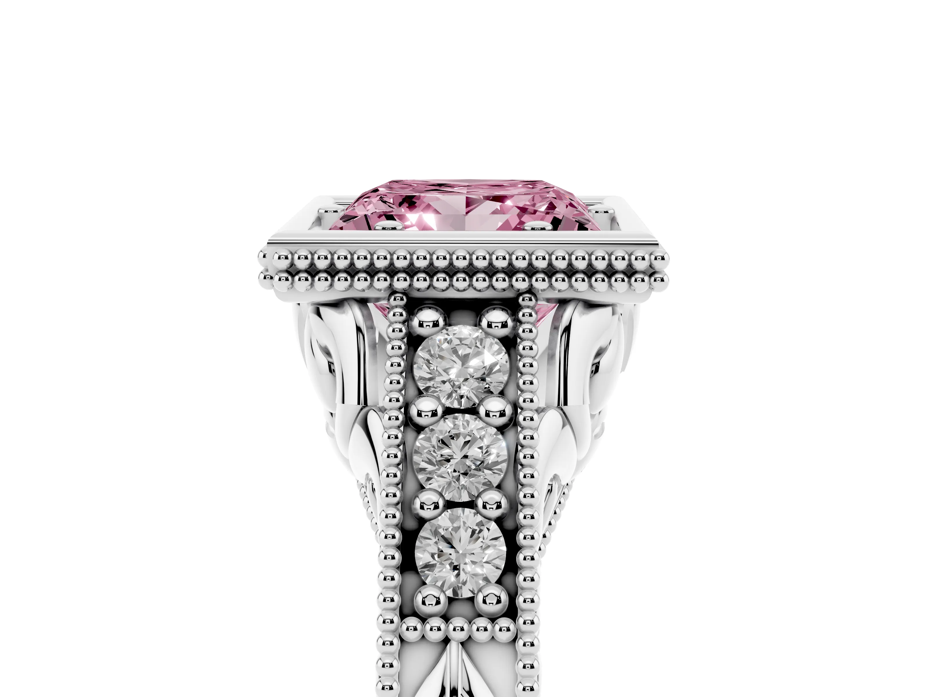 Fancy Pink Bezel Set Princess Cut Diamond Milgrain Pavé Engagement Ring Set in Platinum