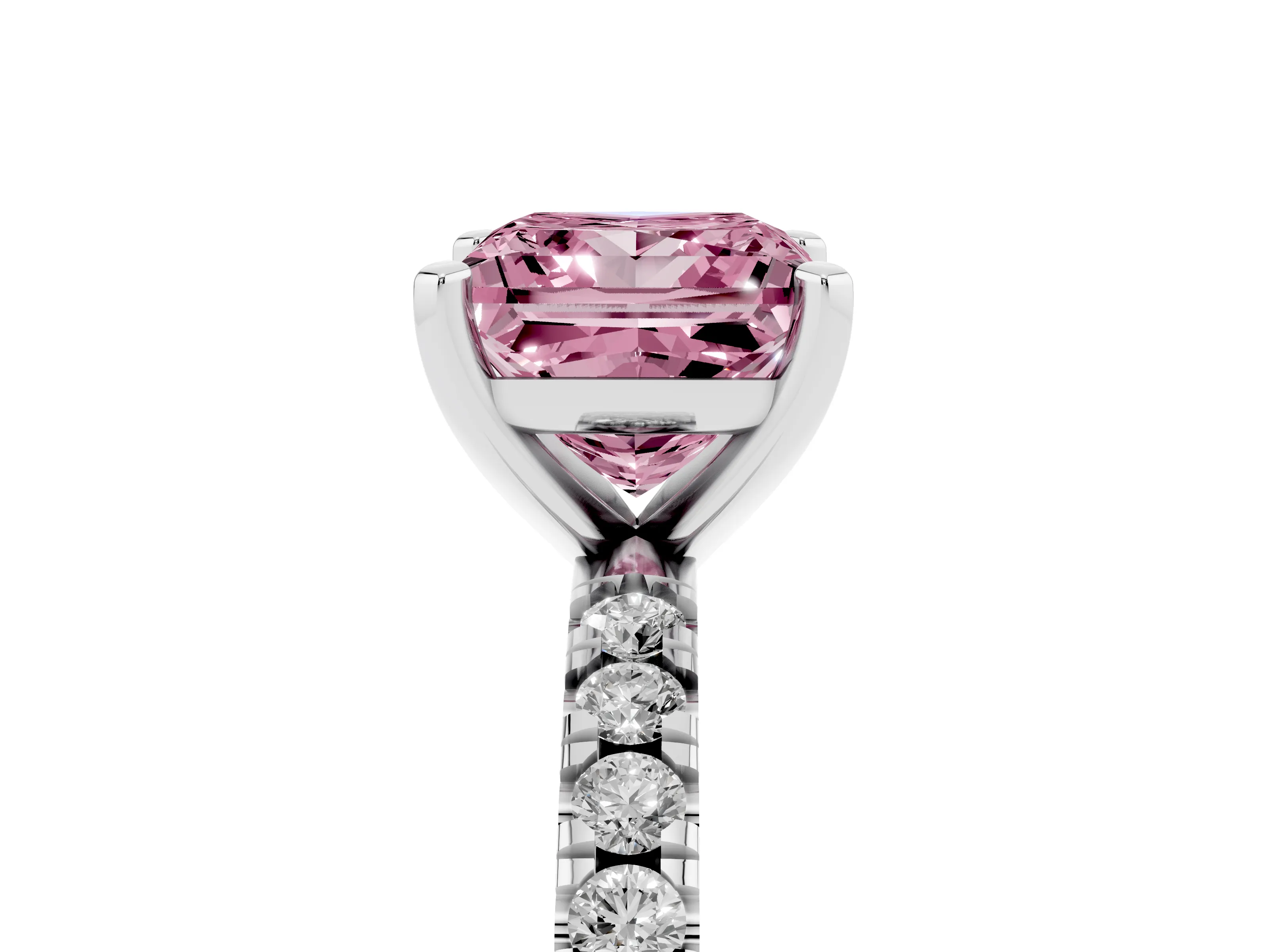Fancy Pink Princess Cut Diamond Pavé Band Solitaire Set in Platinum with Prong Setting