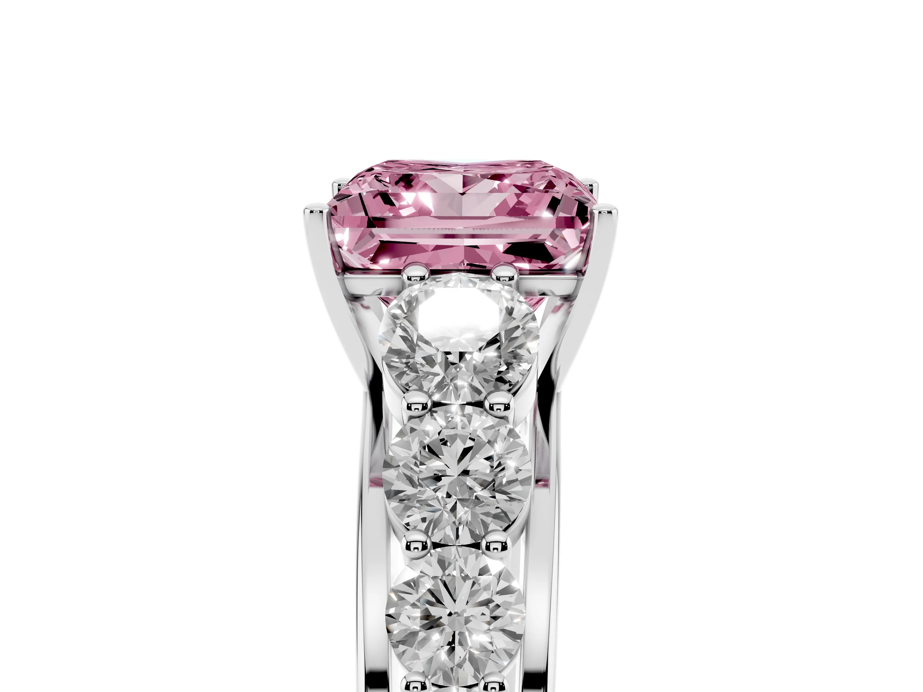 Fancy Pink Princess Cut Diamond Solitaire Ring Set in Platinum with Pavé-Set Band and Prong Setting