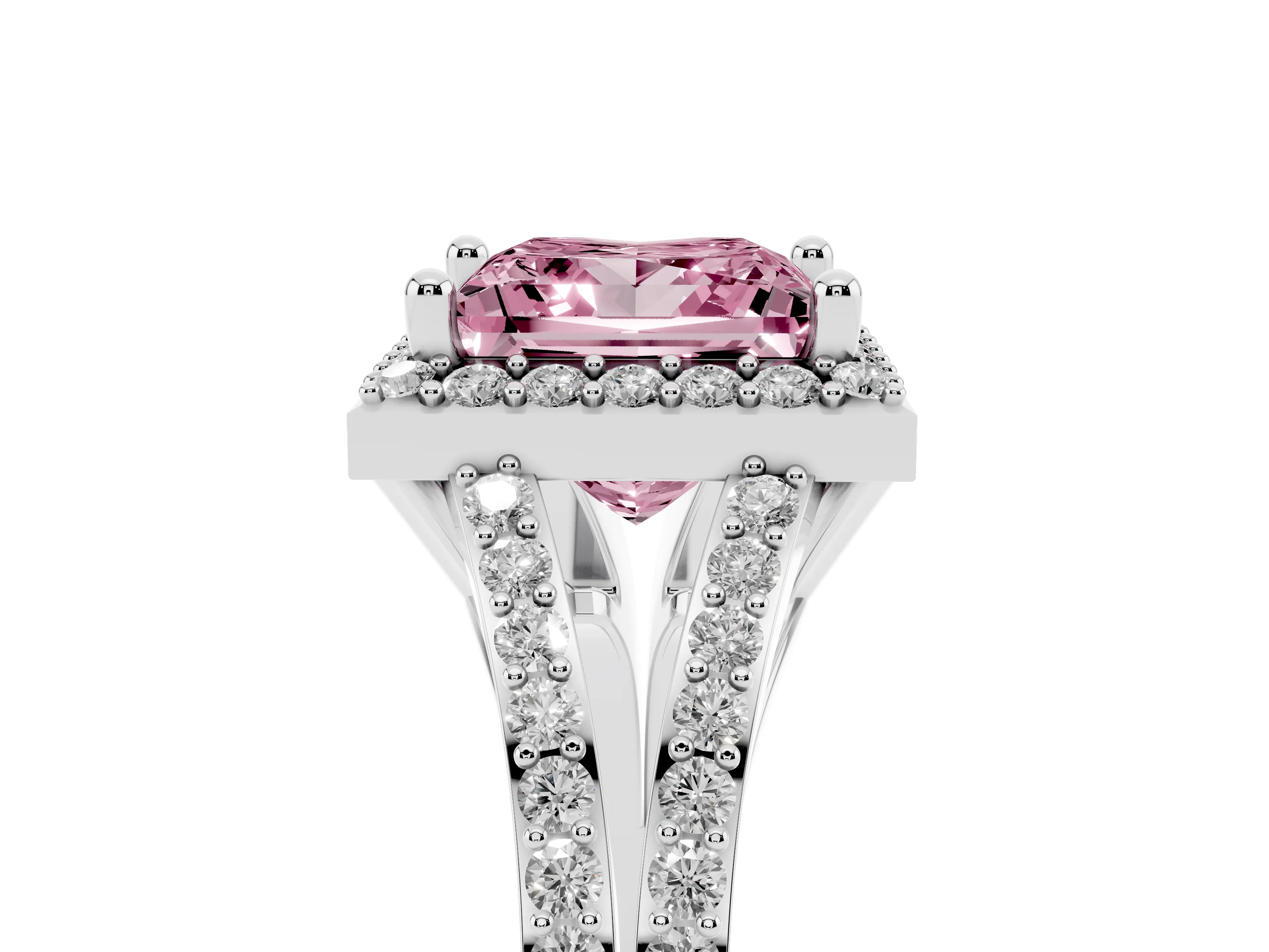Fancy Pink Princess Cut Diamond Halo Split Shank Pavé Ring Set in Silver with Prong Setting