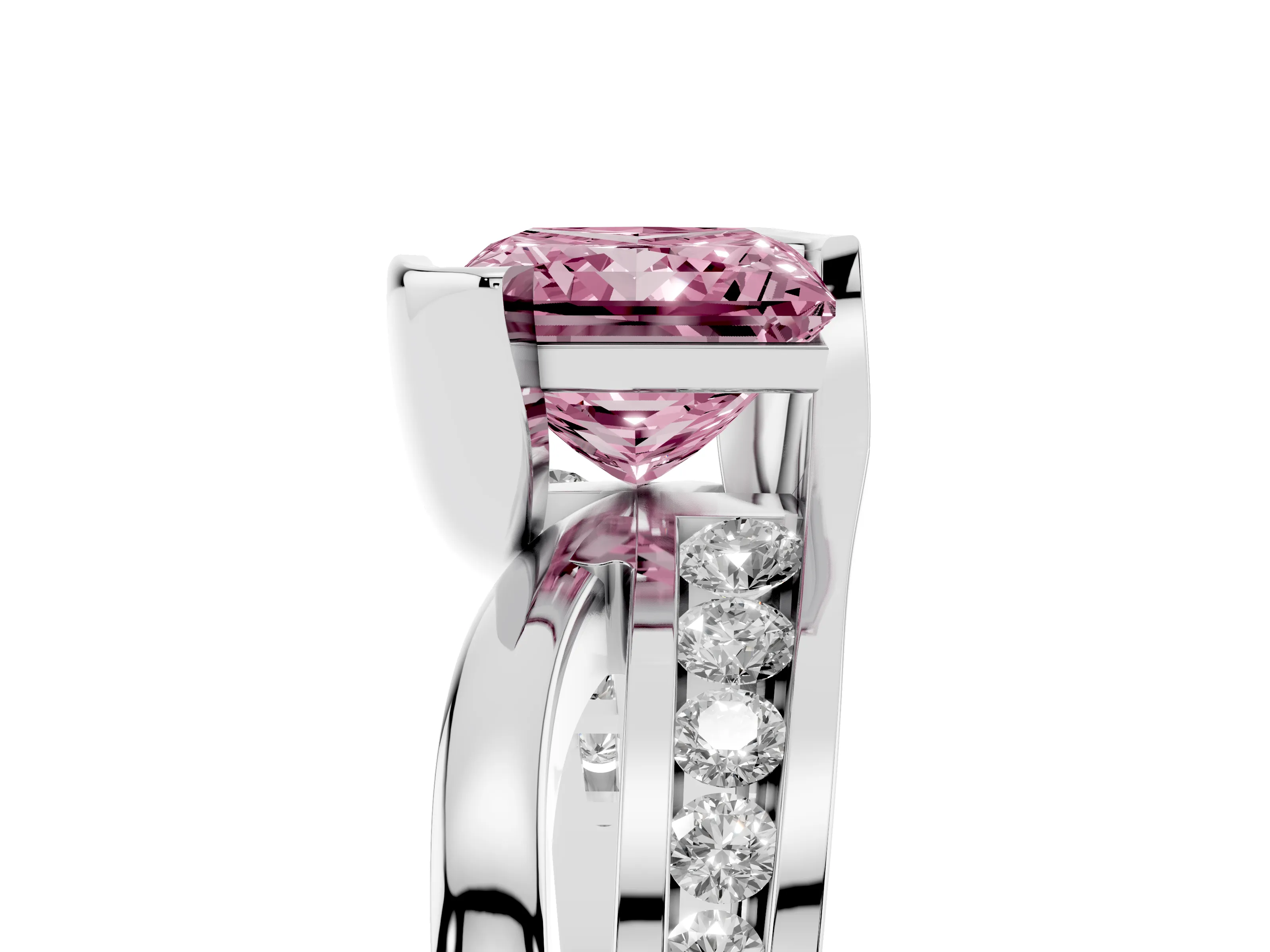 Fancy Pink Princess Cut Diamond Solitaire Ring Set in Silver with Channel Set Split Shank and Tension Prongs