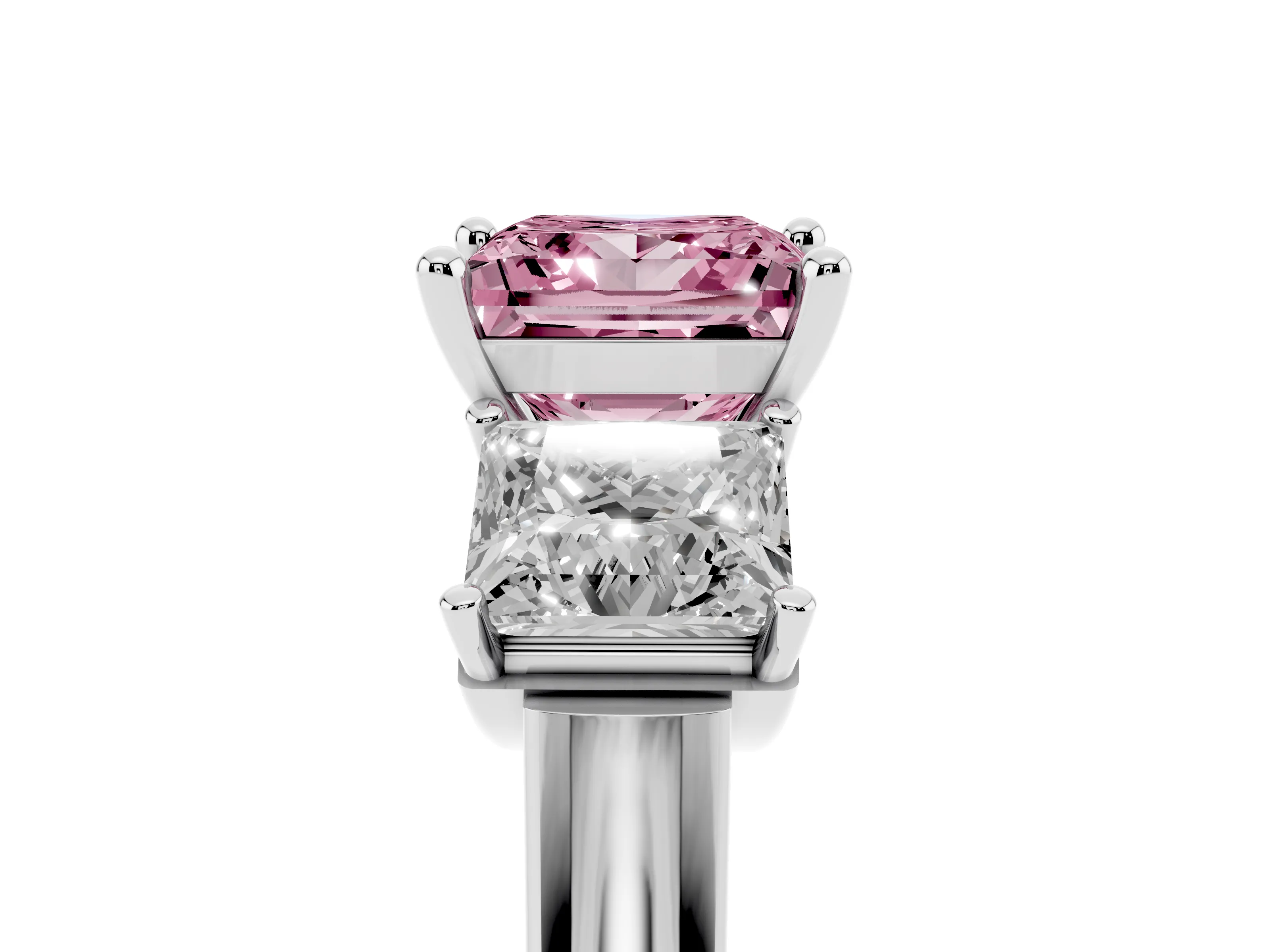 Fancy Pink Princess Cut Diamond Three-Stone Trellis Ring Set in Platinum with Comfort Fit Band