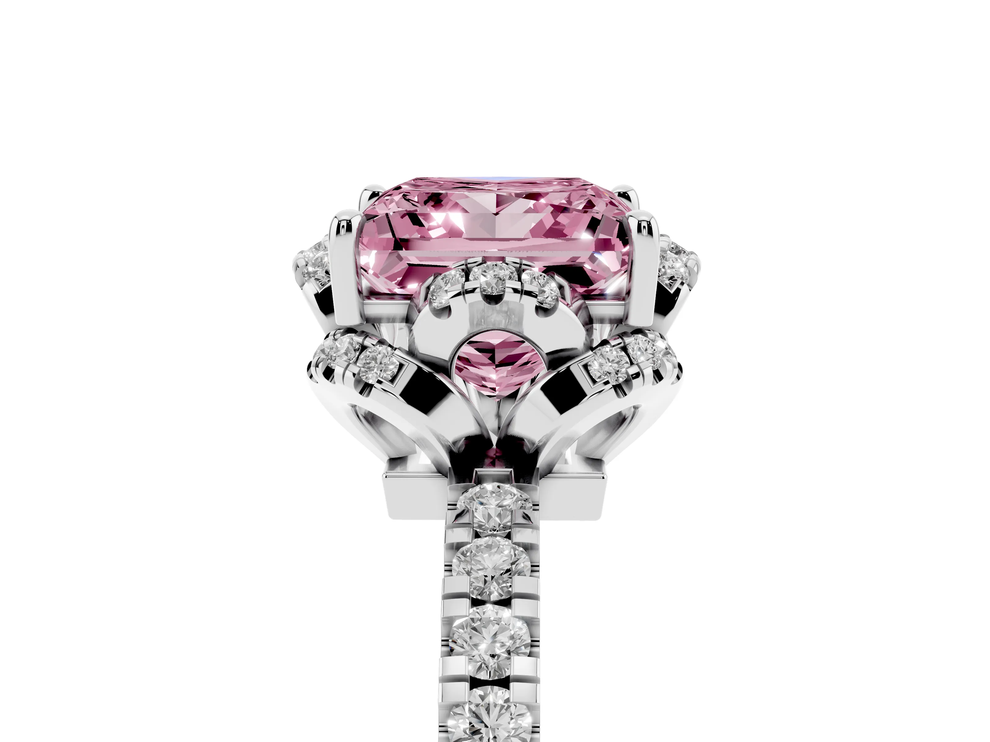 Fancy Pink Princess Cut Diamond Halo Pavé Band Ring Set in Silver with Prong-Held Center