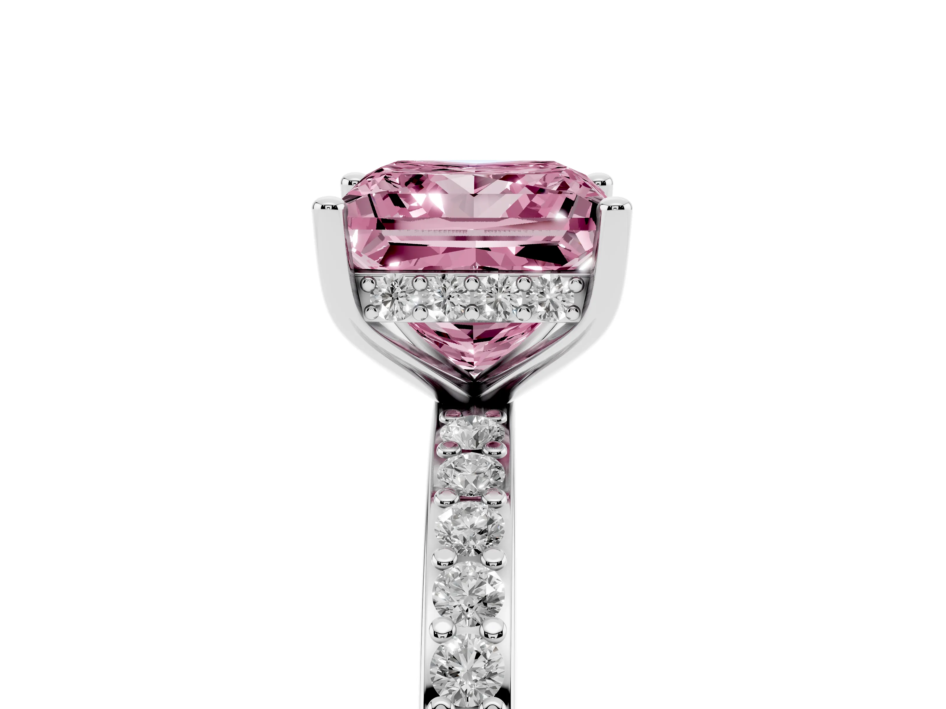 Fancy Pink Princess Cut Diamond Pavé Band Ring Set in Platinum with Prong-Set Center Stone