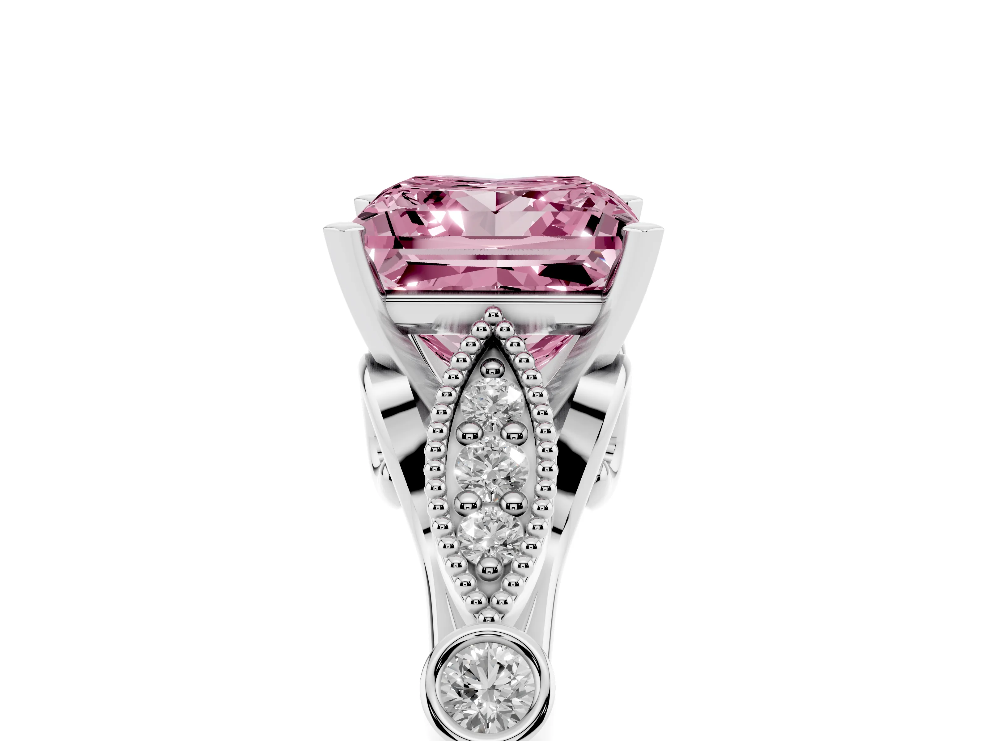 Fancy Pink Princess Cut Diamond Solitaire Ring Set in Platinum with Milgrain Marquise and Bezel Accents