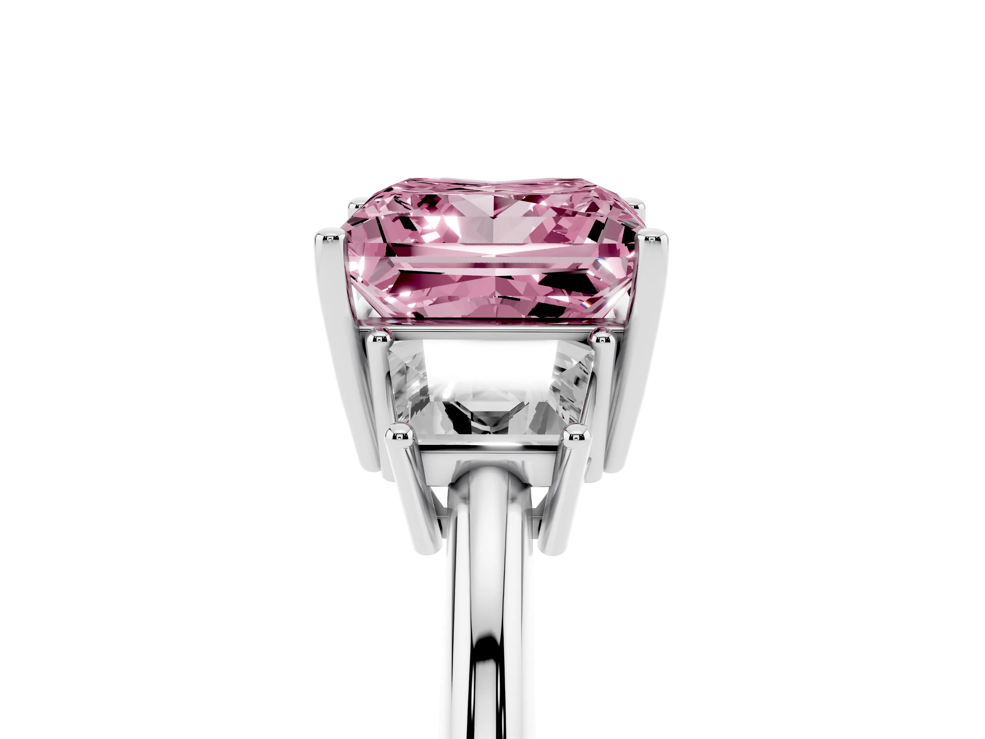 Fancy Pink Princess Cut Diamond Three-Stone Ring Set in Silver with Trapezoid Side Stones and Prong Setting