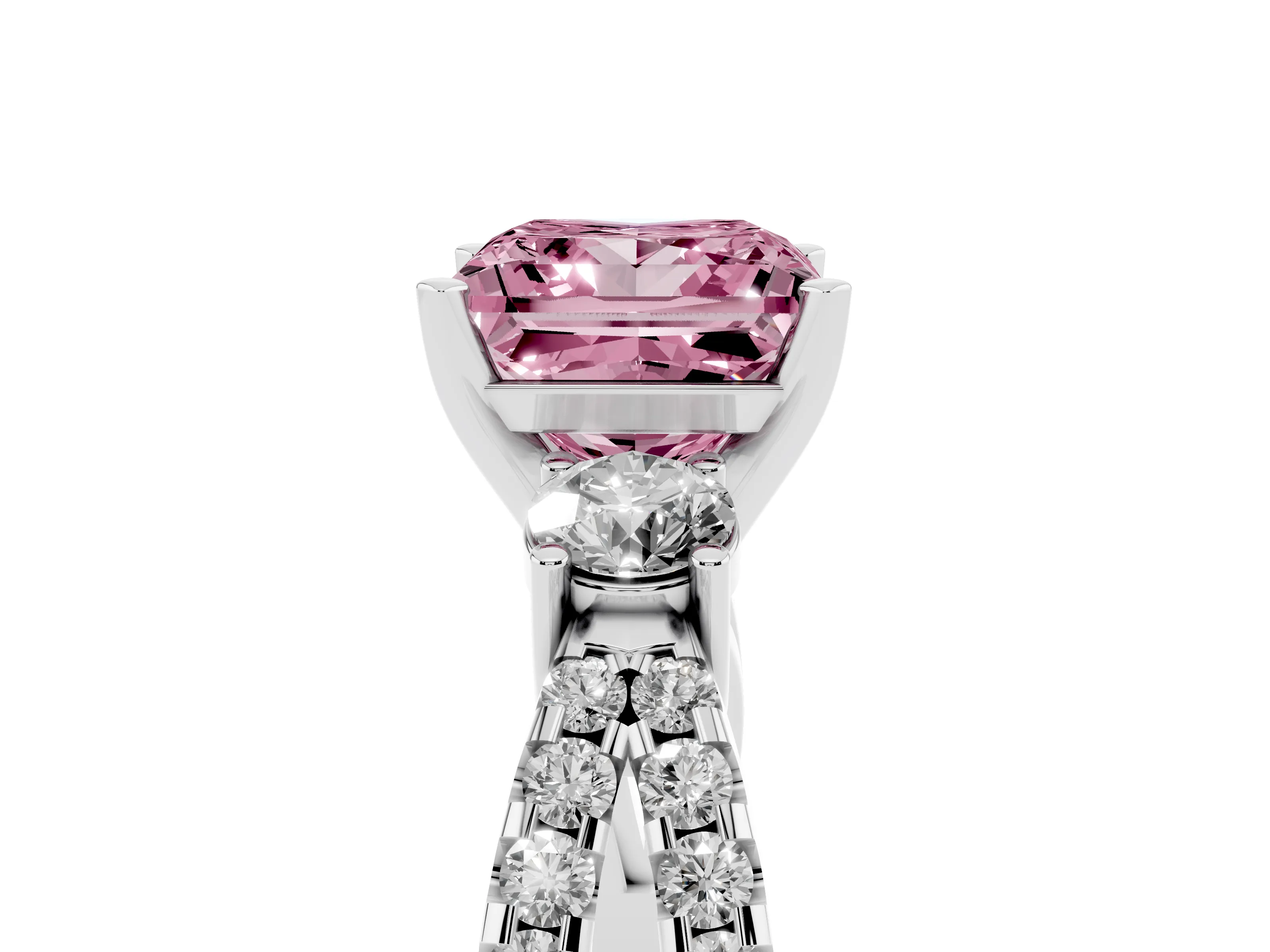 Fancy Pink Princess Cut Diamond Three-Stone Ring Set in White gold with Pavé Split Shank and Prong Setting