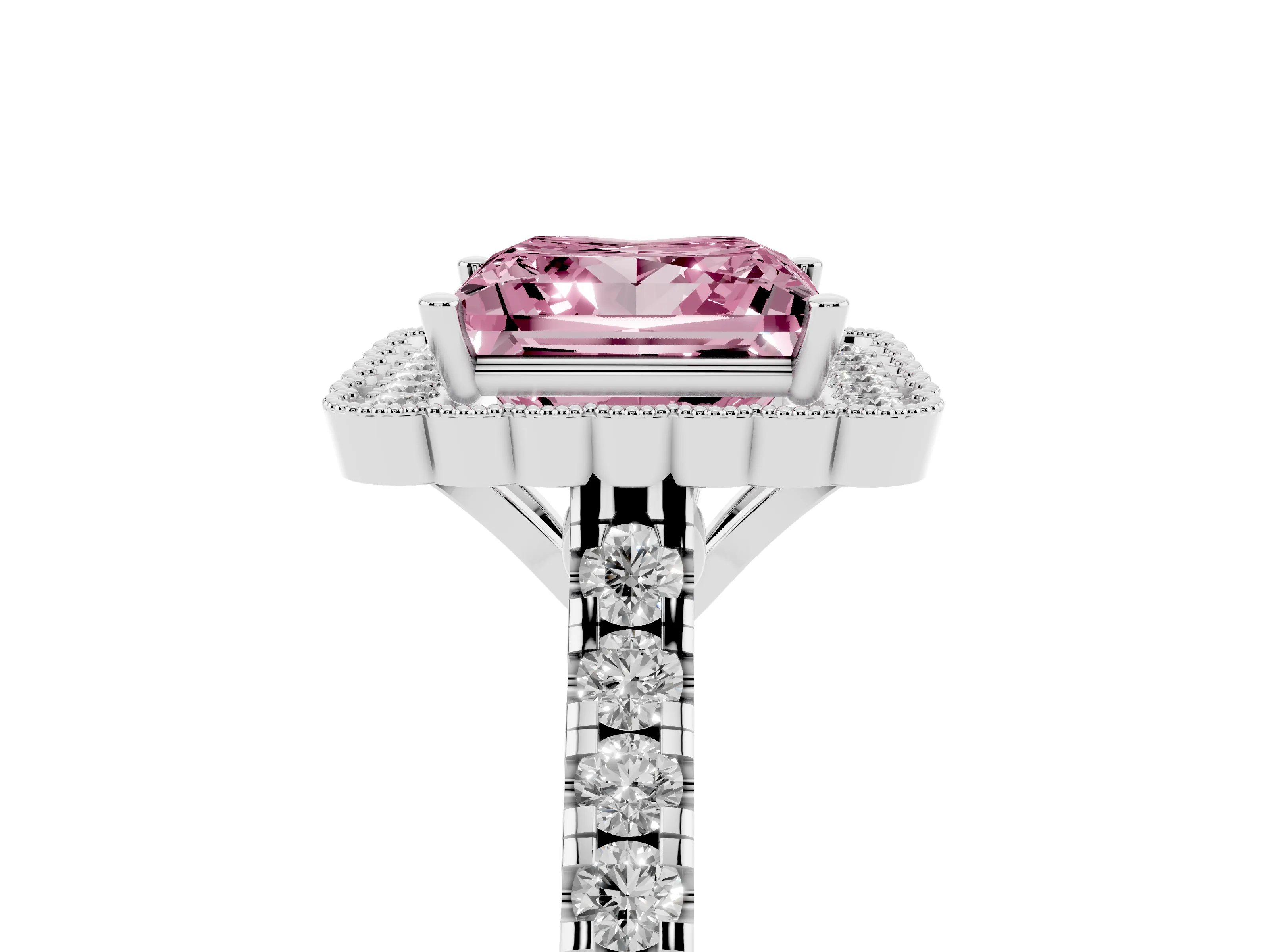 Fancy Pink Princess Cut Diamond Milgrain Floral Halo Engagement Ring Set in White gold with Pavé Band