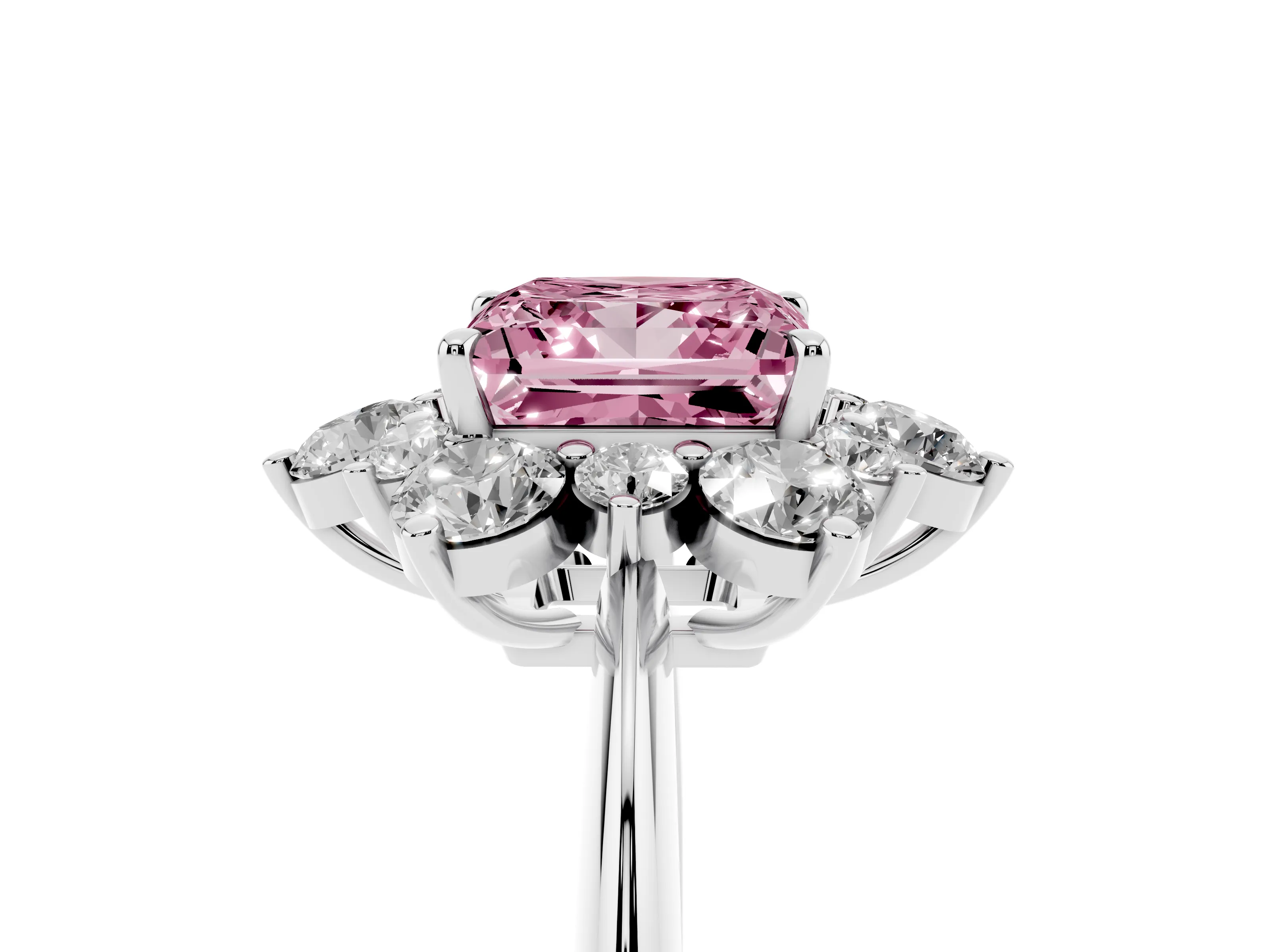Fancy Pink Princess Cut Diamond Cluster Halo Ring Set in Silver with Solitaire Band and Prong Setting