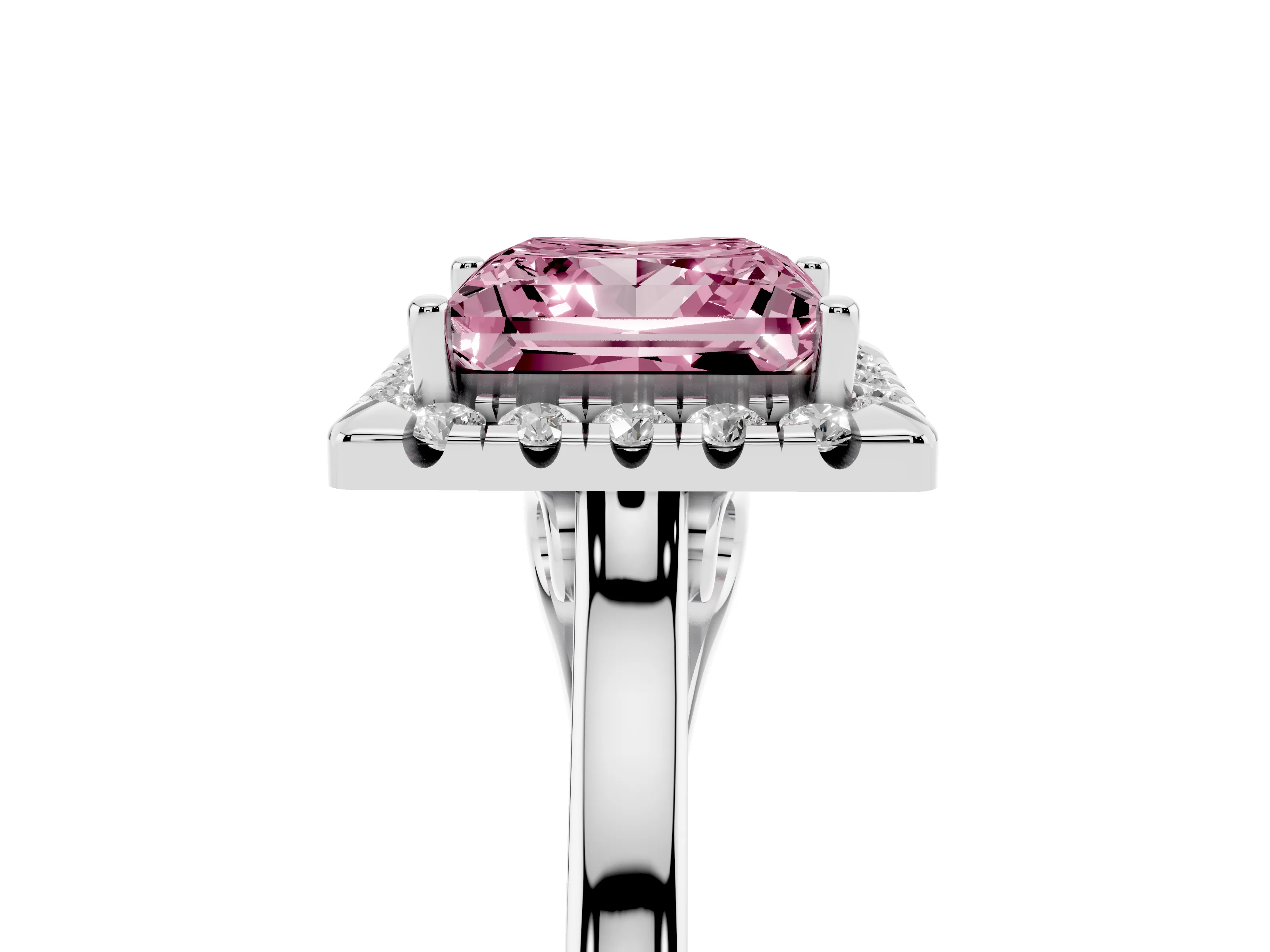 Fancy Pink Princess Cut Halo Round Diamond Solitaire Ring Set in Platinum with Pavé Band and Prong Setting