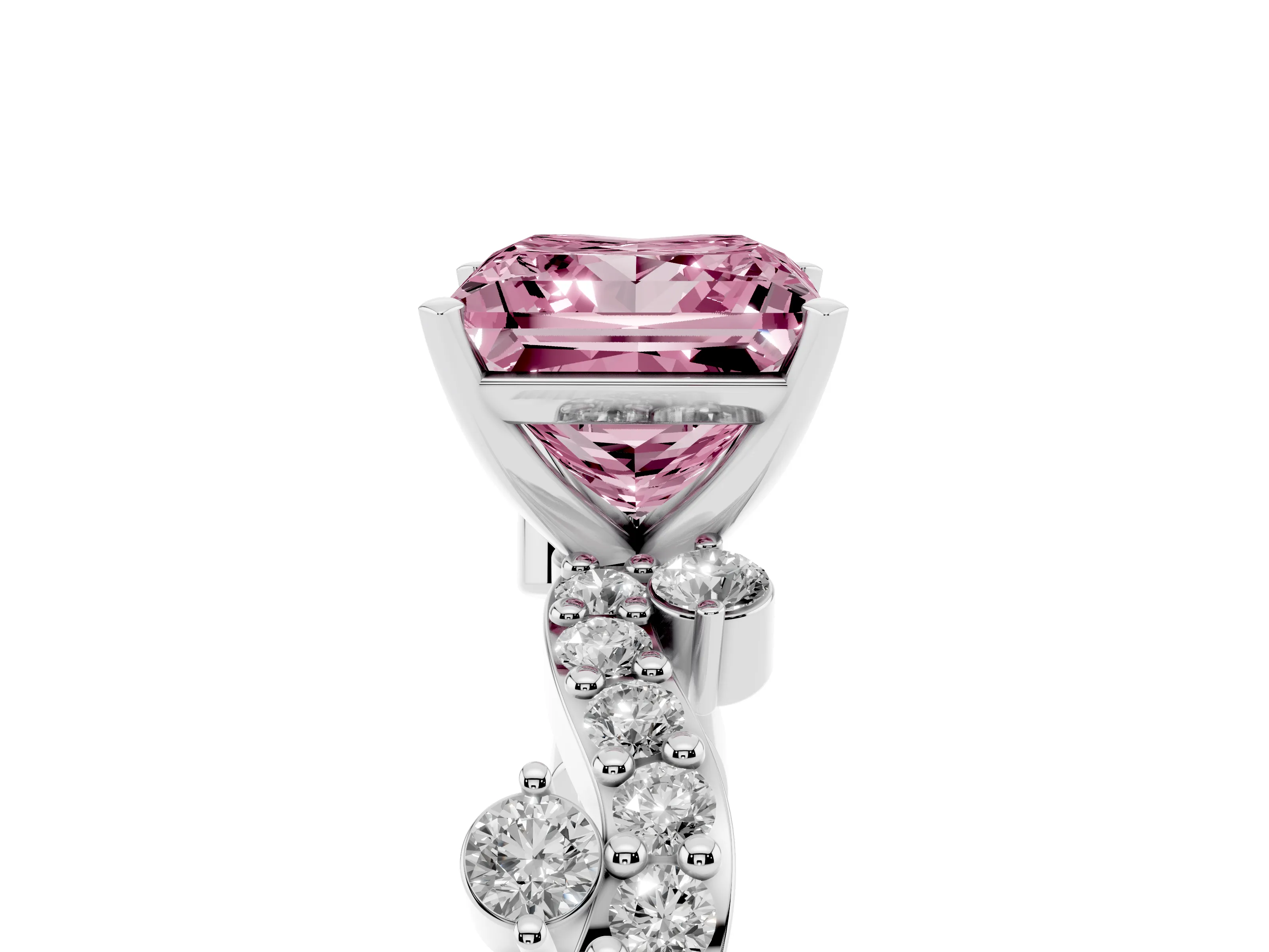 Fancy Pink Princess Cut Diamond Solitaire Twisted Band Set in White gold with Pavé Setting
